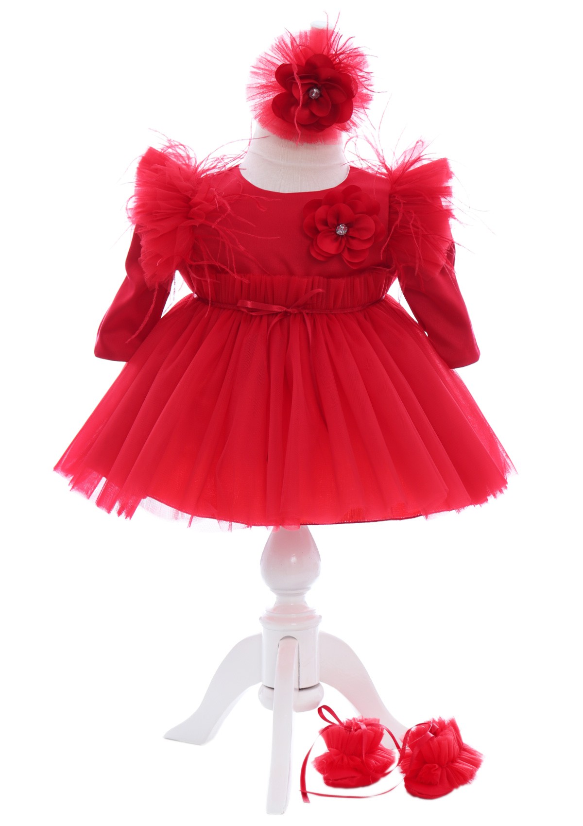 Rochita cu pantofiori si bentita de culoare rosie pentru botez de fetite, 3 piese, Recostore®, REC2443 - imagine 7