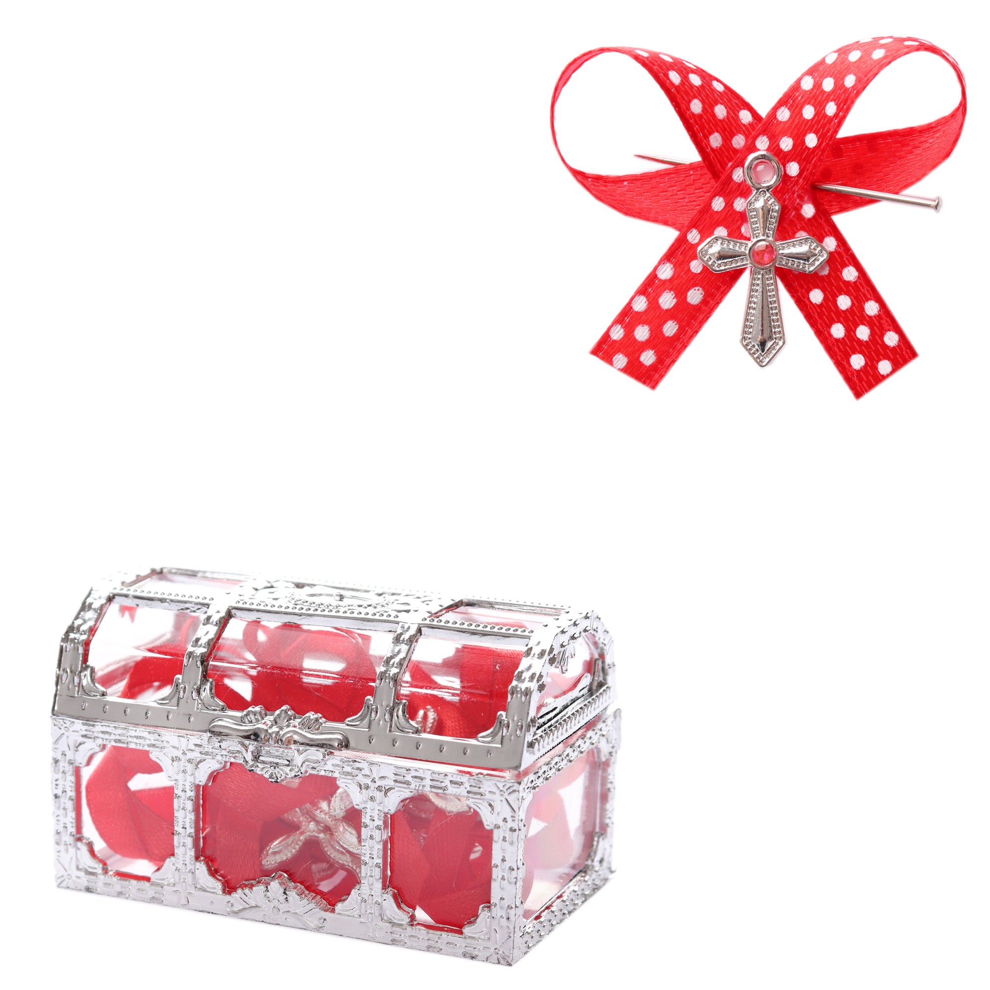 Set 10 marturii, cruciulite biserica din metal cu bolduri si cufar, funda rosie, REC1968/26 - imagine 4