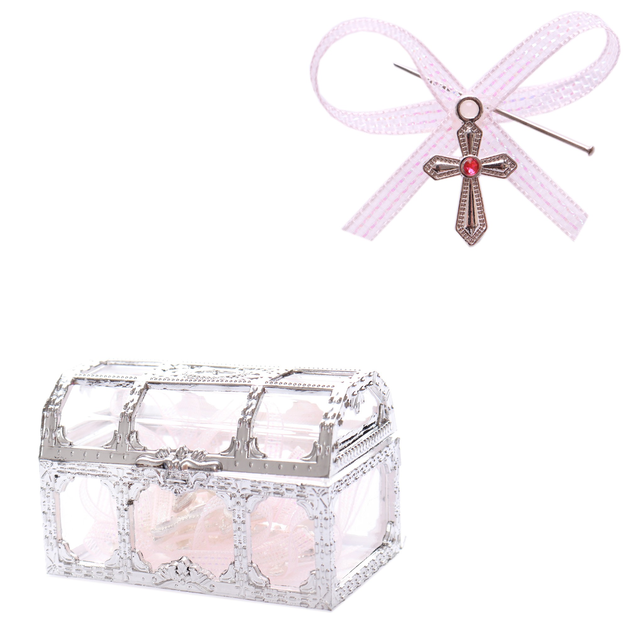 Set 10 marturii, cruciulite biserica din metal cu bolduri si cufar, funda roz deschis, REC1968/31 - imagine 4