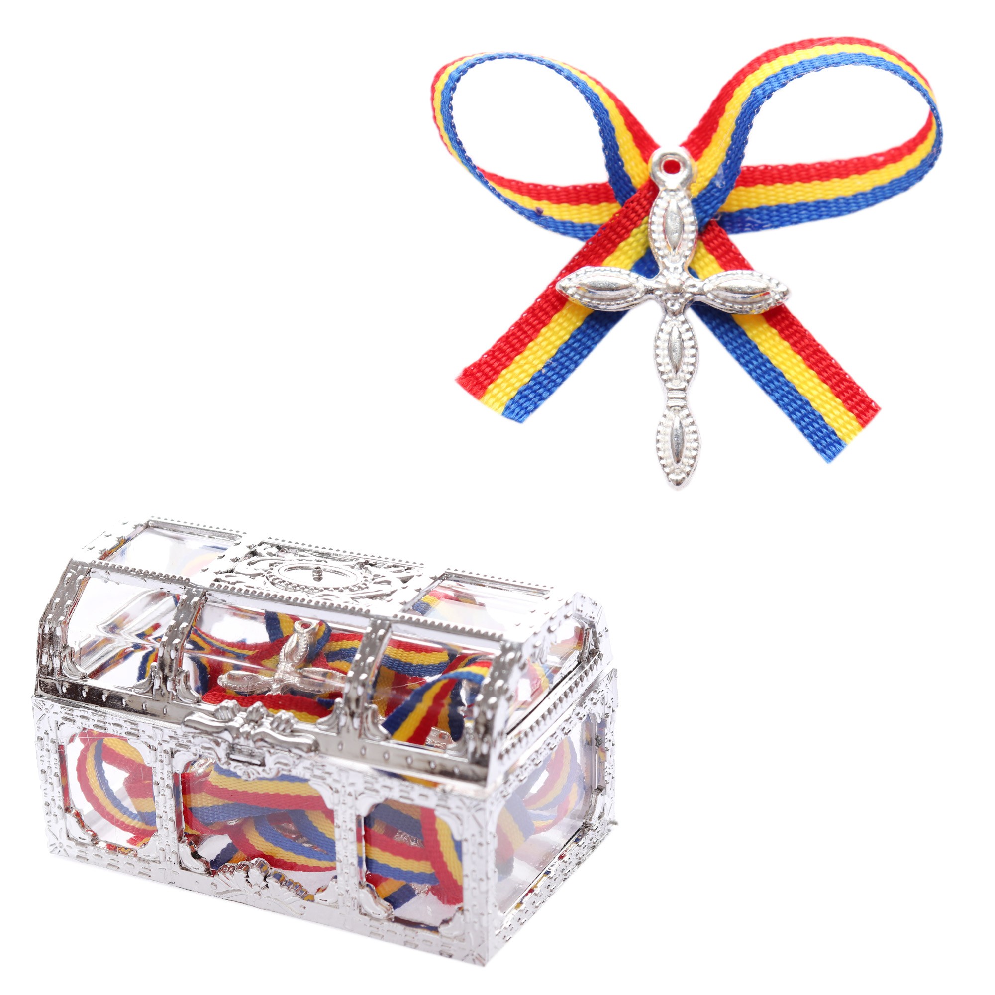 Set 10 marturii, cruciulite biserica din metal cu bolduri si cufar, funda traditionala, REC1968 - imagine 4