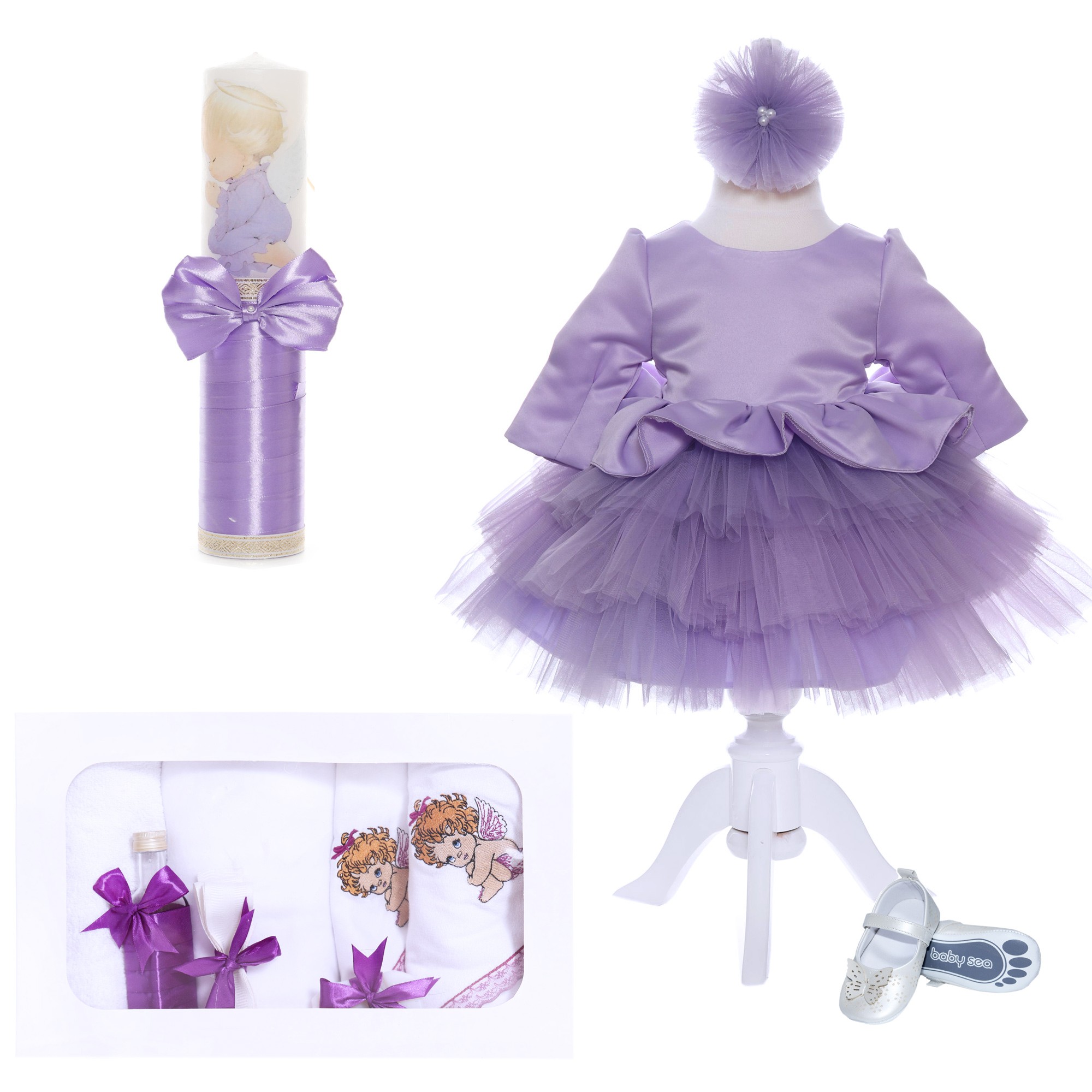 Set complet pentru botez de fetite, LIla, lumanare cu ingeras, trusou brodat cu ingeras, rochita si pantofiori, 11 piese, REC1986 - imagine 8