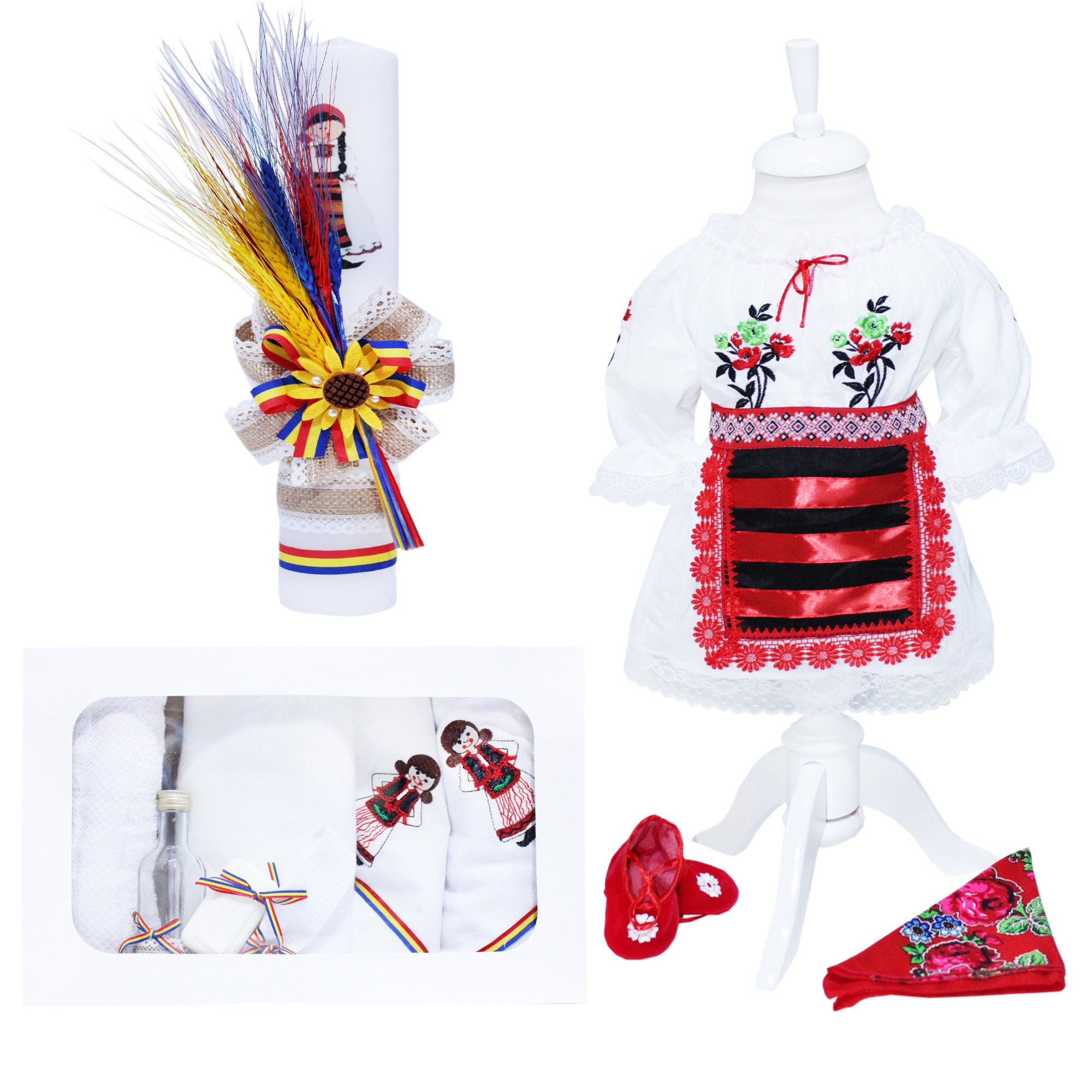 Set complet traditional pentru botez compus din 13 piese, costum popular, lumanare cu tarancuta si trusou brodat cu tarancuta format din 7 piese, REC1599 - imagine 8