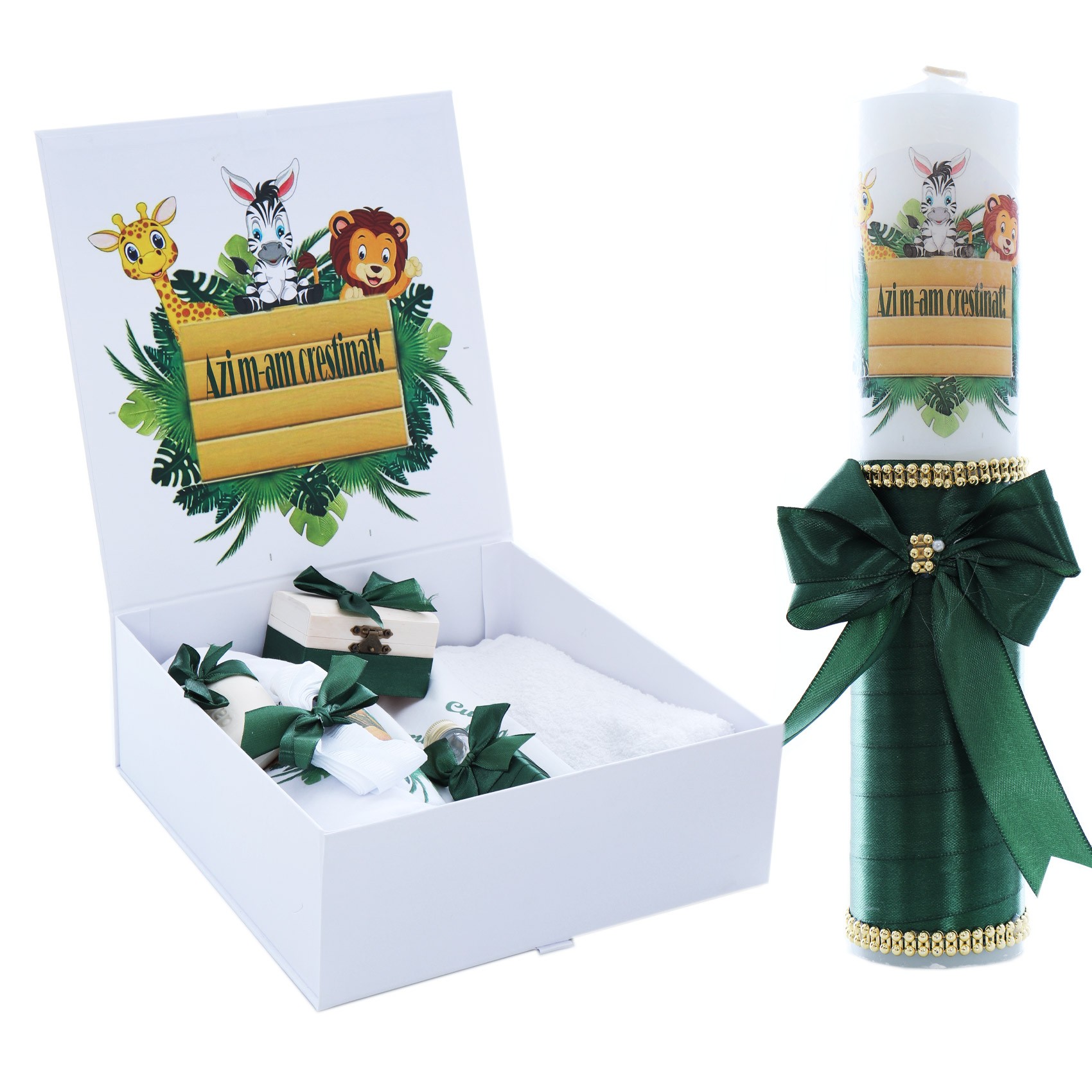 Set cutie trusou cu lumanare, 9 piese, Safari "Azi m-am crestinat!", verde inchis, Recostore®, REC2414 - imagine 7