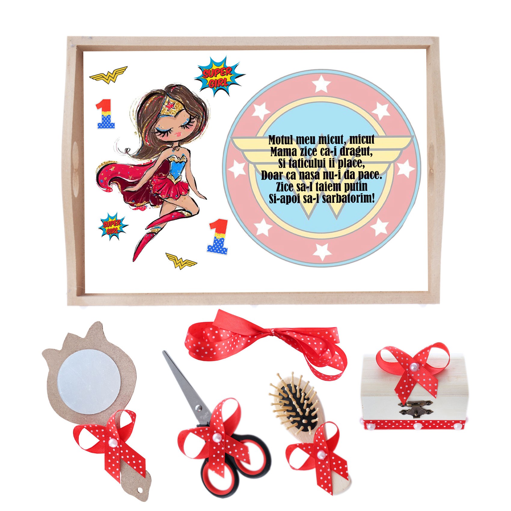 Set tava pentru taiere mot/turta la fete, model Wonder Woman, rosu, 6 piese, 35x20 cm, Recostore®, REC1967/191 - imagine 4