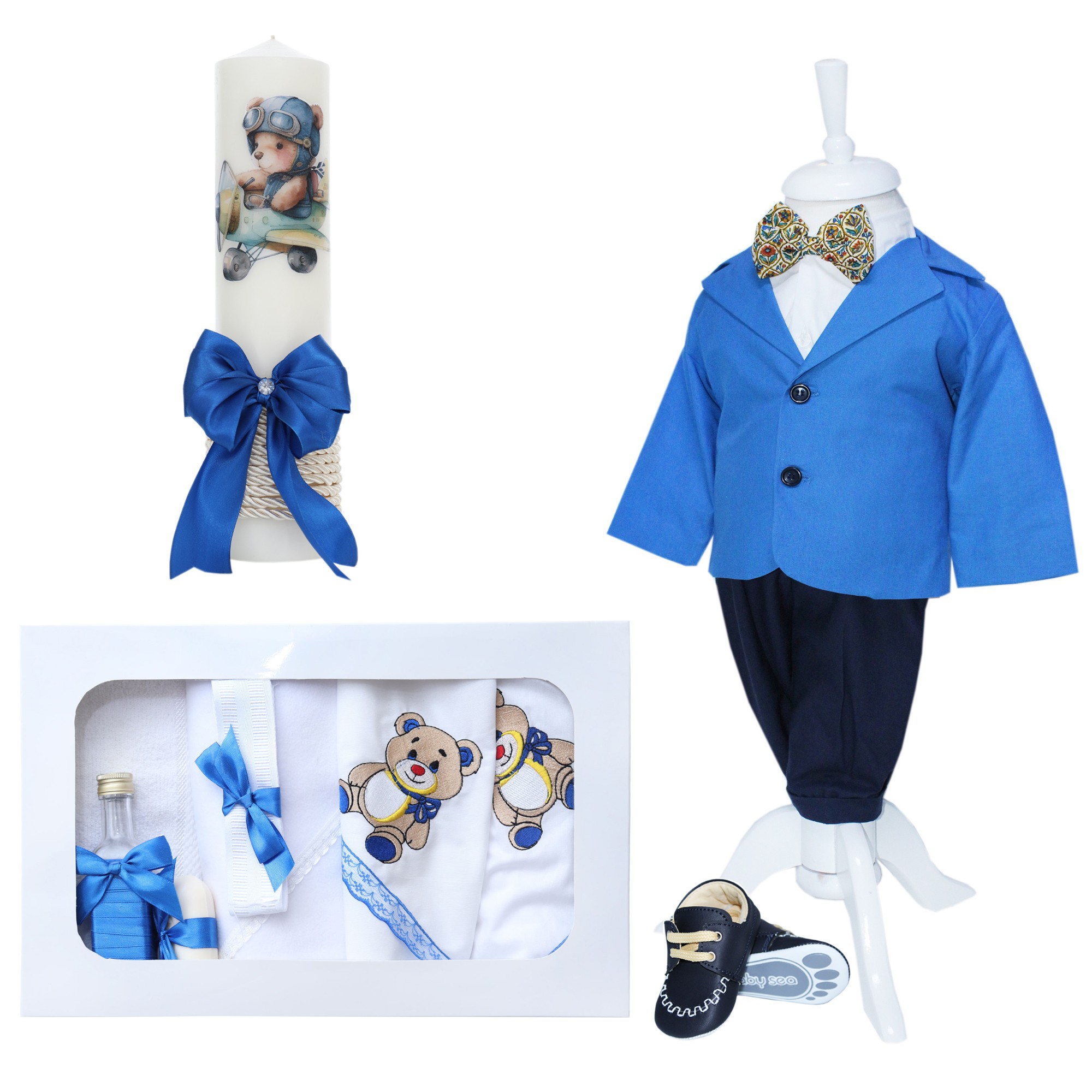 Set trusou complet pentru botez de baieti, albastru electric, model Ursulet, 14 piese, Costum, Lumanare cu Ursulet, trusou brodat si pantofiori, Recostore®, REC2572 - imagine 11