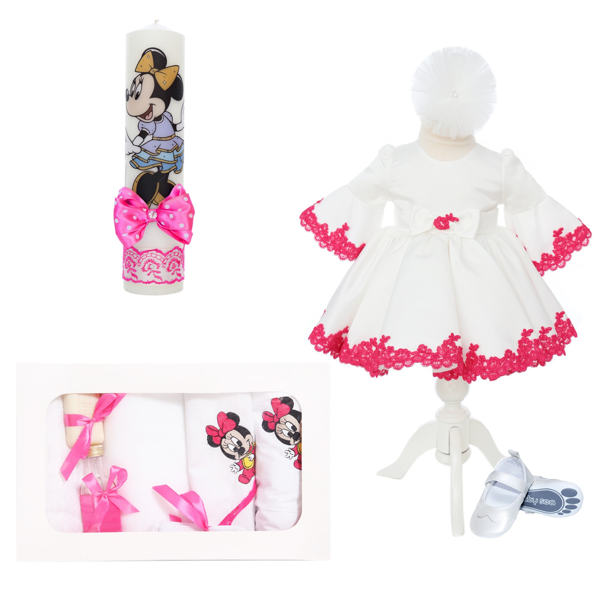 Set trusou complet pentru botez de fete, Alb-ciclam, model Minnie Mouse, 11 piese, Rochita, Lumanare cu Minnie Mouse, trusou brodat si pantofiori, Recostore®, REC2566 - imagine 10