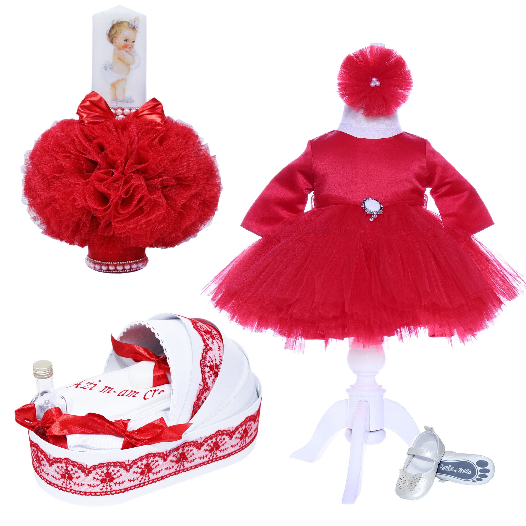 Set trusou complet pentru botez de fete, lumanare rosie cu bebe printesa, rochita rosie, trusou cu "azi m-am crestinat" si pantofiori, 10 piese, Recostore, REC1788 - imagine 9