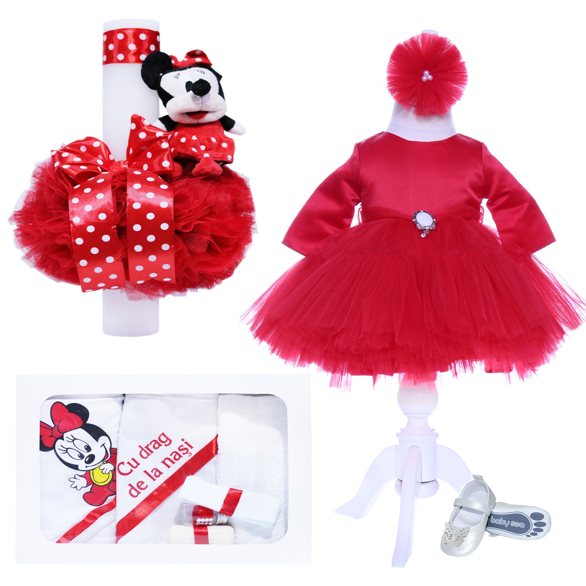 Set trusou complet pentru botez de fete, lumanare rosie cu Minnie Mouse, rochita rosie, trusou "cu drag de la nasi" si pantofiori, 10 piese, Recostore, REC1789 - imagine 9