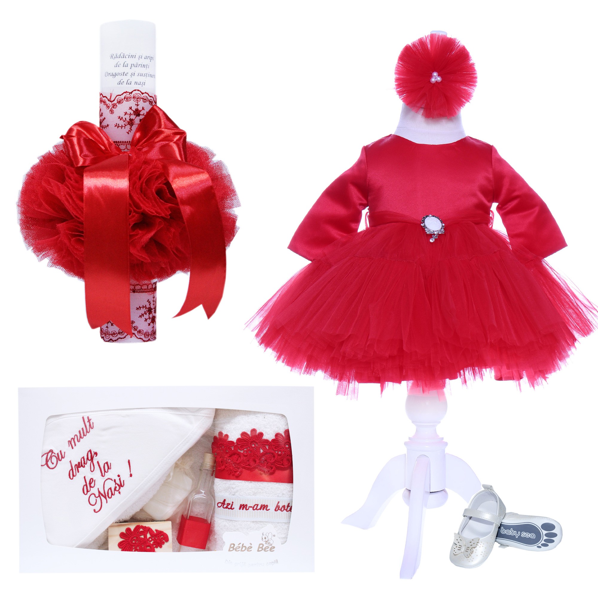 Set trusou complet pentru botez de fete, lumanare rosie cu "Radacini si aripi de la parinti", rochita rosie, trusou "cu mult drag de la nasi" si pantofiori, 11 piese, Recostore, REC1790 - imagine 9