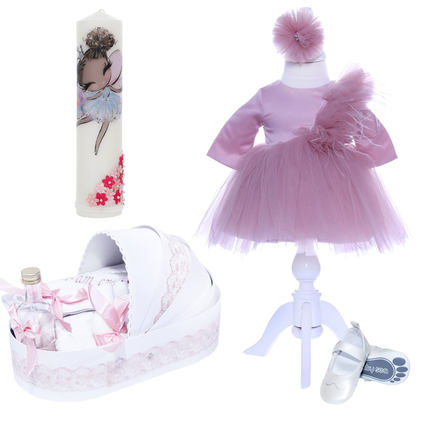 Set trusou complet pentru botez de fete model Zana, 10 piese, Rochita, lumanare cu zana, trusou tip landou brodat si pantofiori, Recostore®, REC2494 - imagine 10