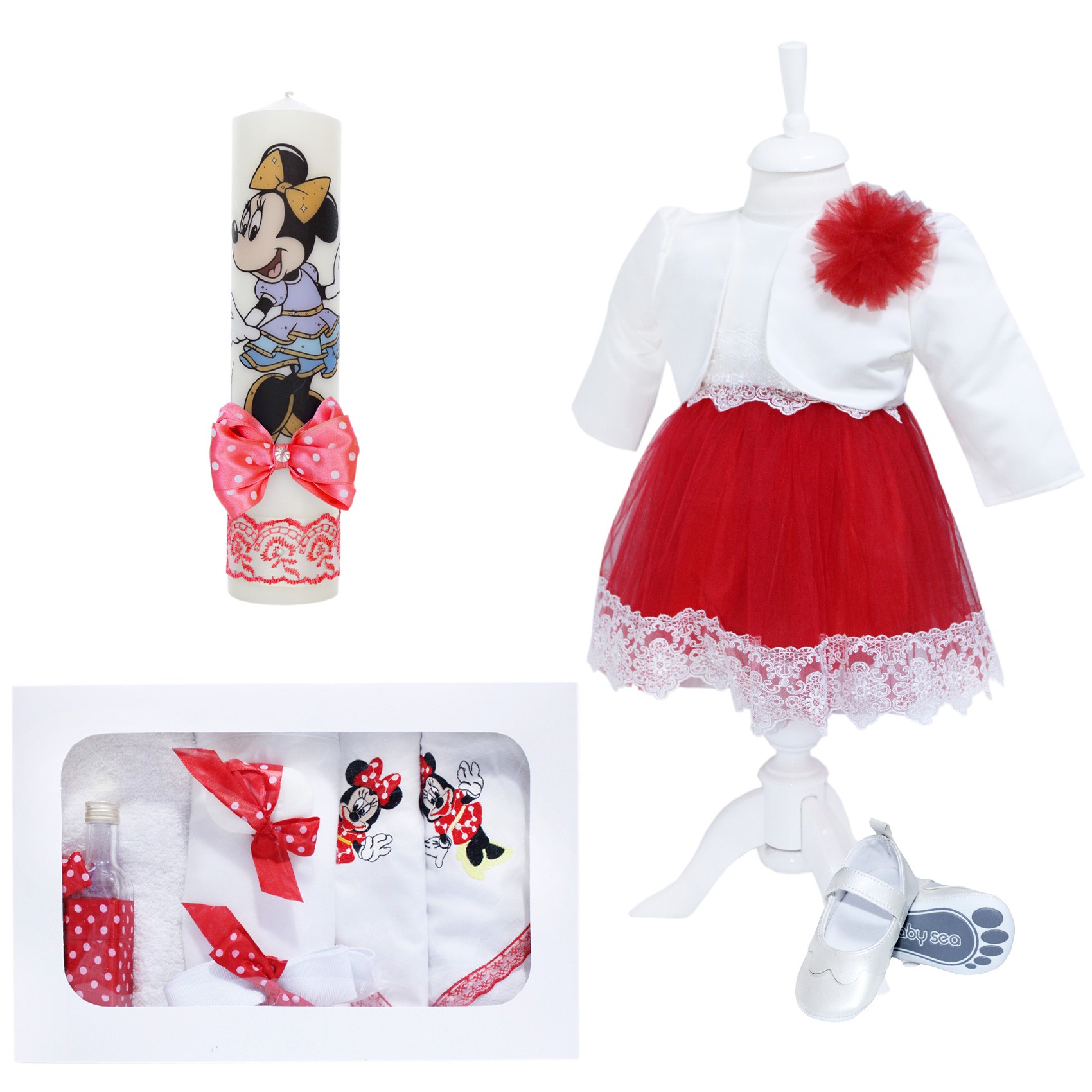 Set trusou complet pentru botez de fete, rosu, model Minnie Mouse, 12 piese, Rochita, lumanare cu Minnie, trusou brodat si pantofiori, Recostore®, REC2502 - imagine 9