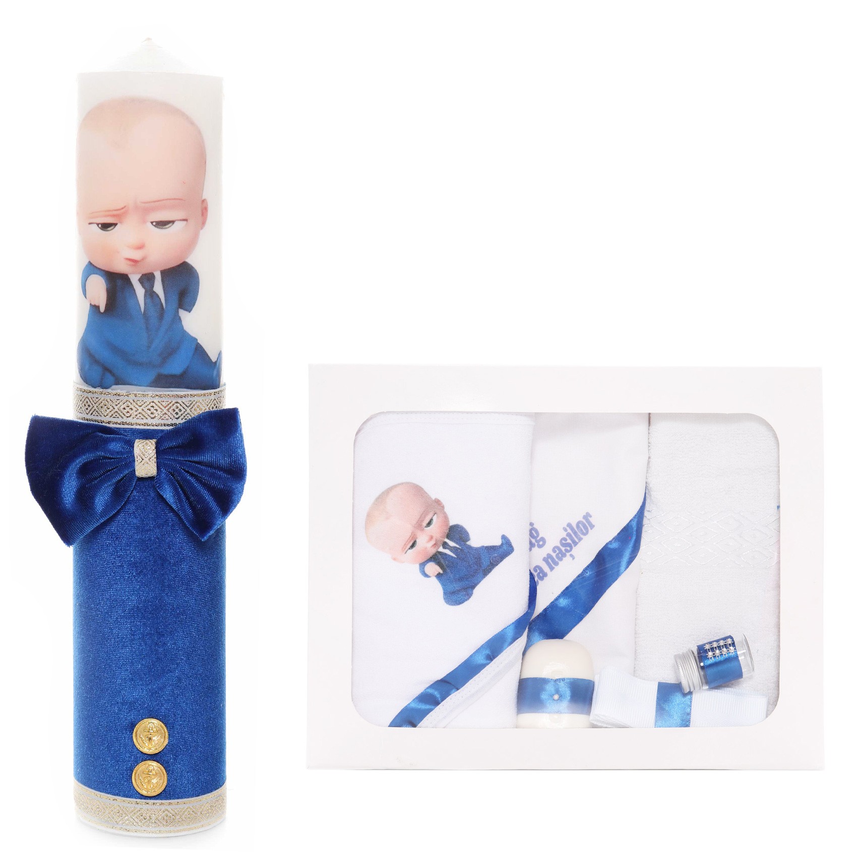 Set trusou si lumanare cu Bebe Boss pentru botez, alb-albastru, 7 piese, Recostore, REC1723 - imagine 8