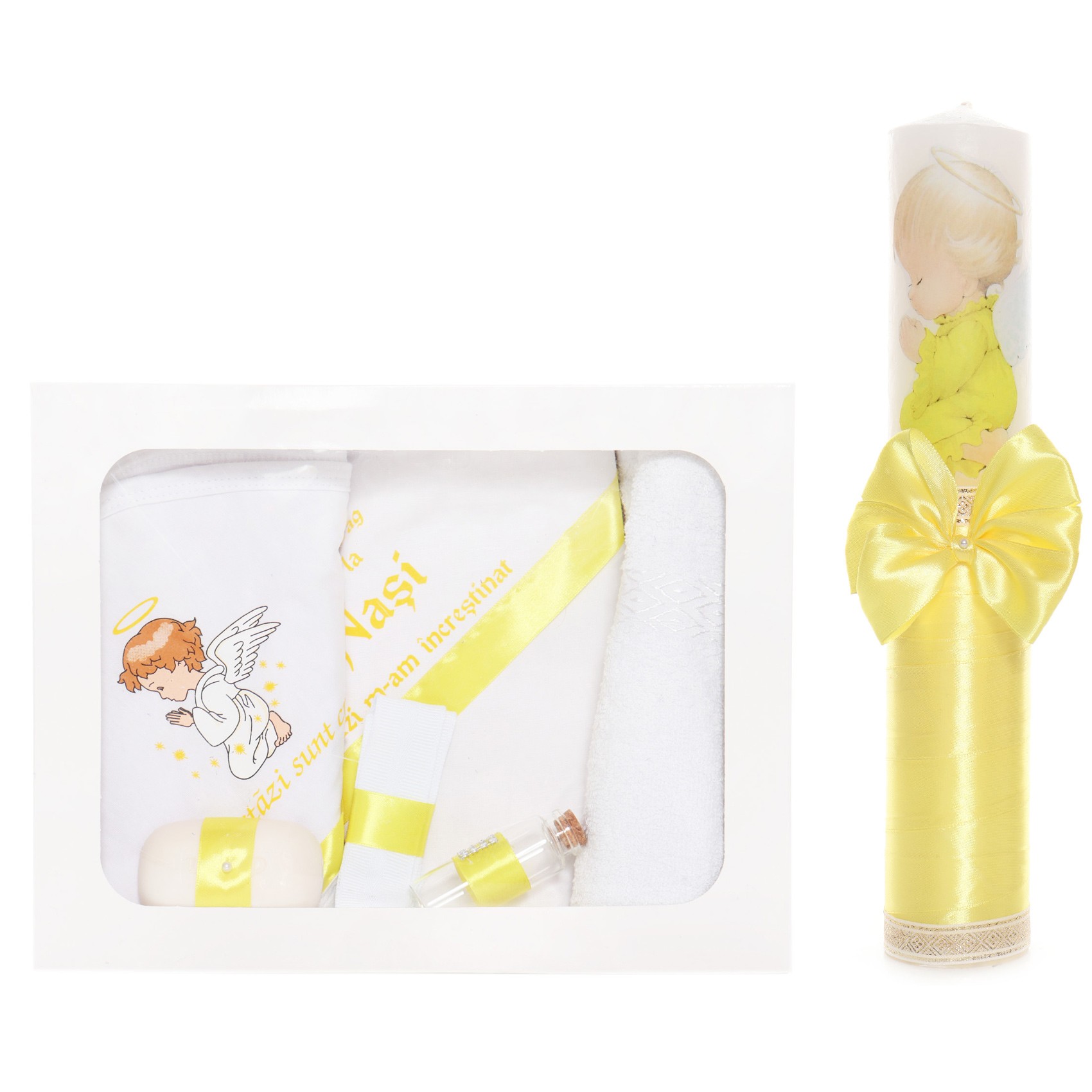 Set trusou si lumanare cu ingeras pentru botez, alb-galben, 7 piese, Recostore, REC1749 - imagine 9