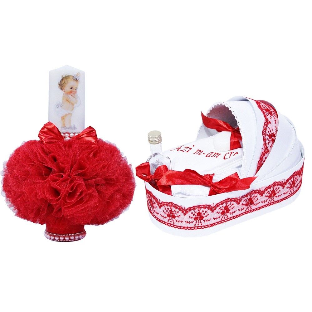 Set trusou si lumanare pentru botez de fete, rosu, 7 piese, "azi m-am crestinat", Recostore, REC1810 - imagine 7