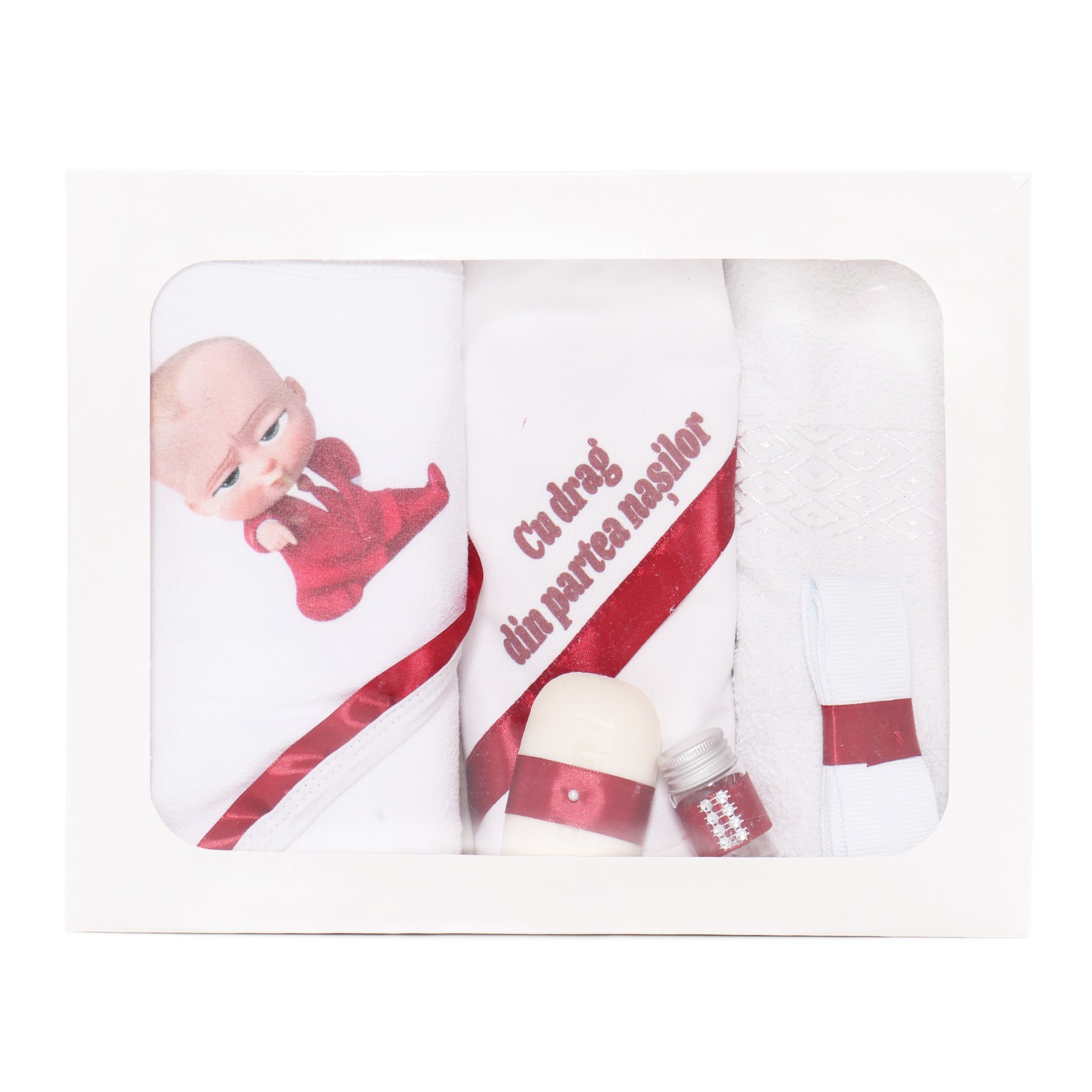 Trusou Bebe Sef alb-rosu, cu mesaj „Cu drag din partea nasilor” imprimat, 6 piese, Recostore, REC1721 - imagine 5