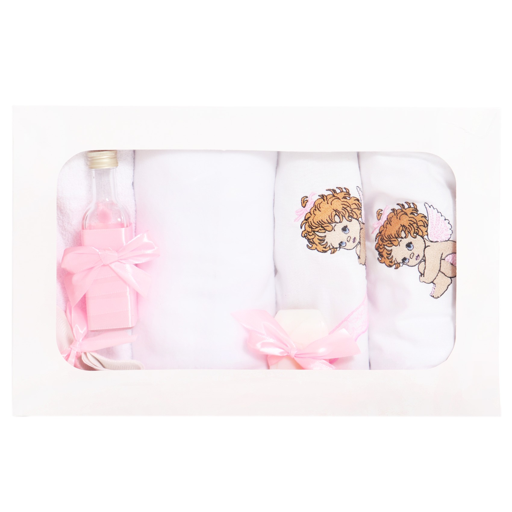 Trusou botez brodat cu ingeras, alb-roz, 7 piese, Recostore, REC1759 - imagine 4