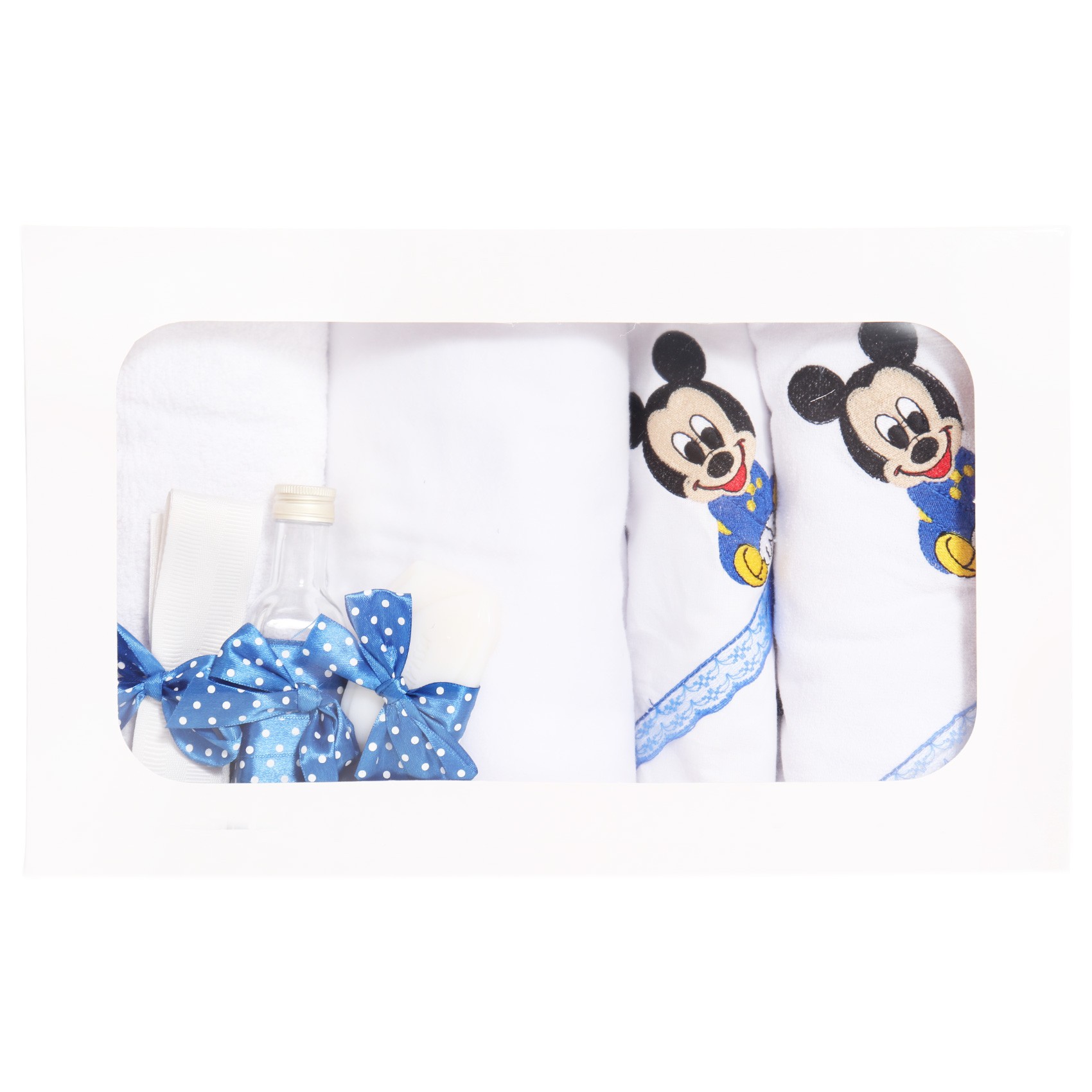 Trusou botez brodat cu Mickey Mouse, alb-albastru electric, 7 piese, Recostore, REC1764 - imagine 4