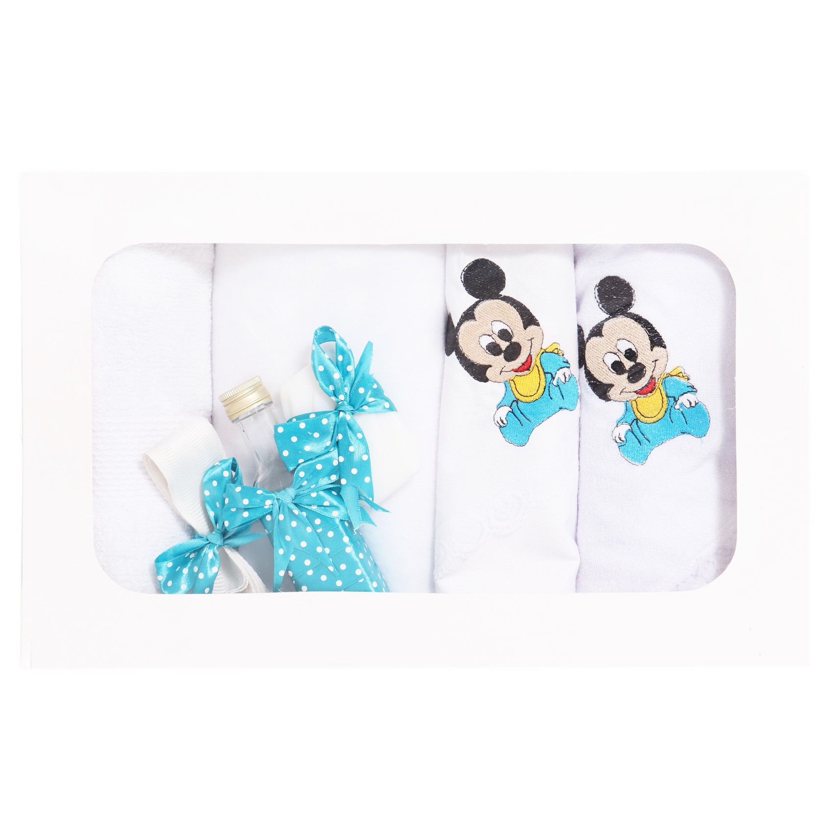 Trusou botez brodat cu Mickey Mouse, alb-turcoaz, 7 piese, Recostore, REC1763 - imagine 4