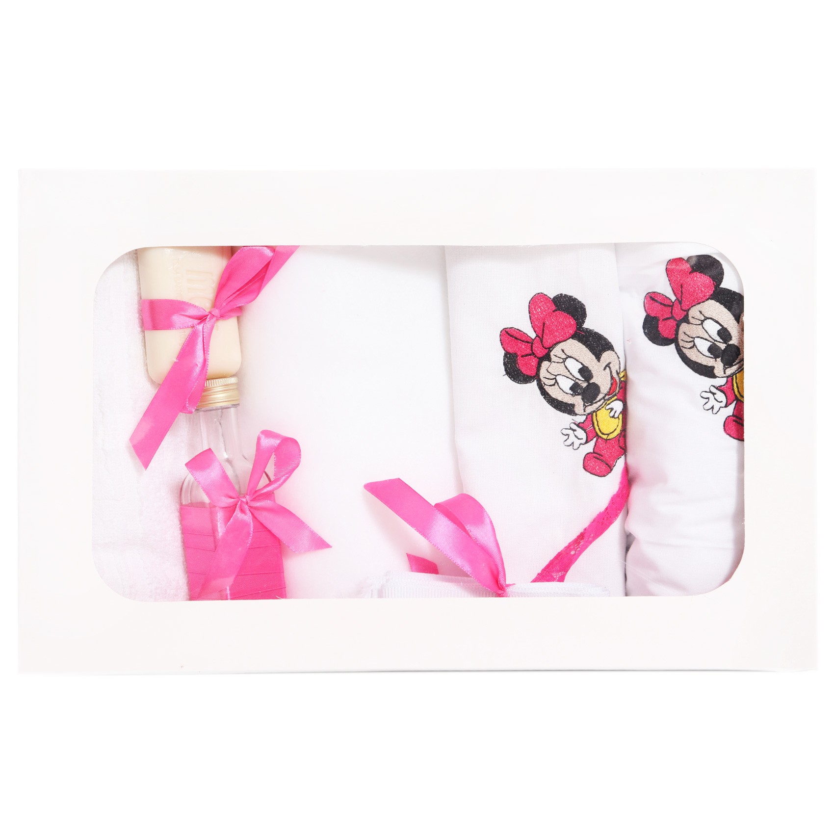 Trusou botez brodat cu Minnie Mouse, alb-ciclame, 7 piese, Recostore, REC1767 - imagine 4