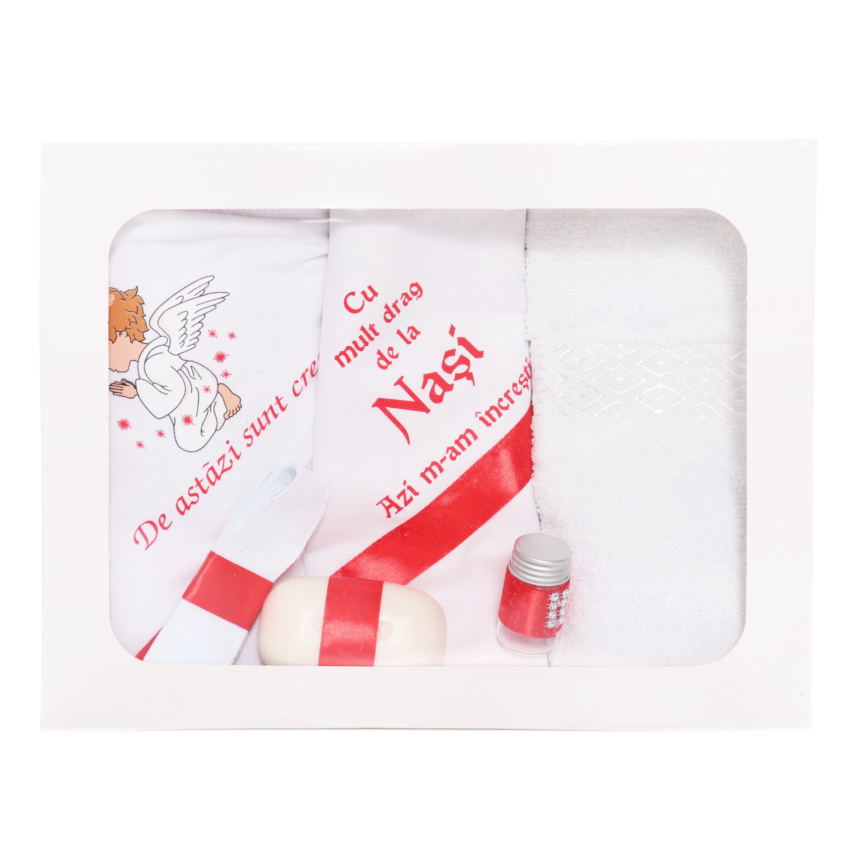 Trusou botez cu ingeras, alb-rosu, mesaj „De azi sunt crestin” imprimat, 6 piese, Recostore, REC1733 - imagine 5