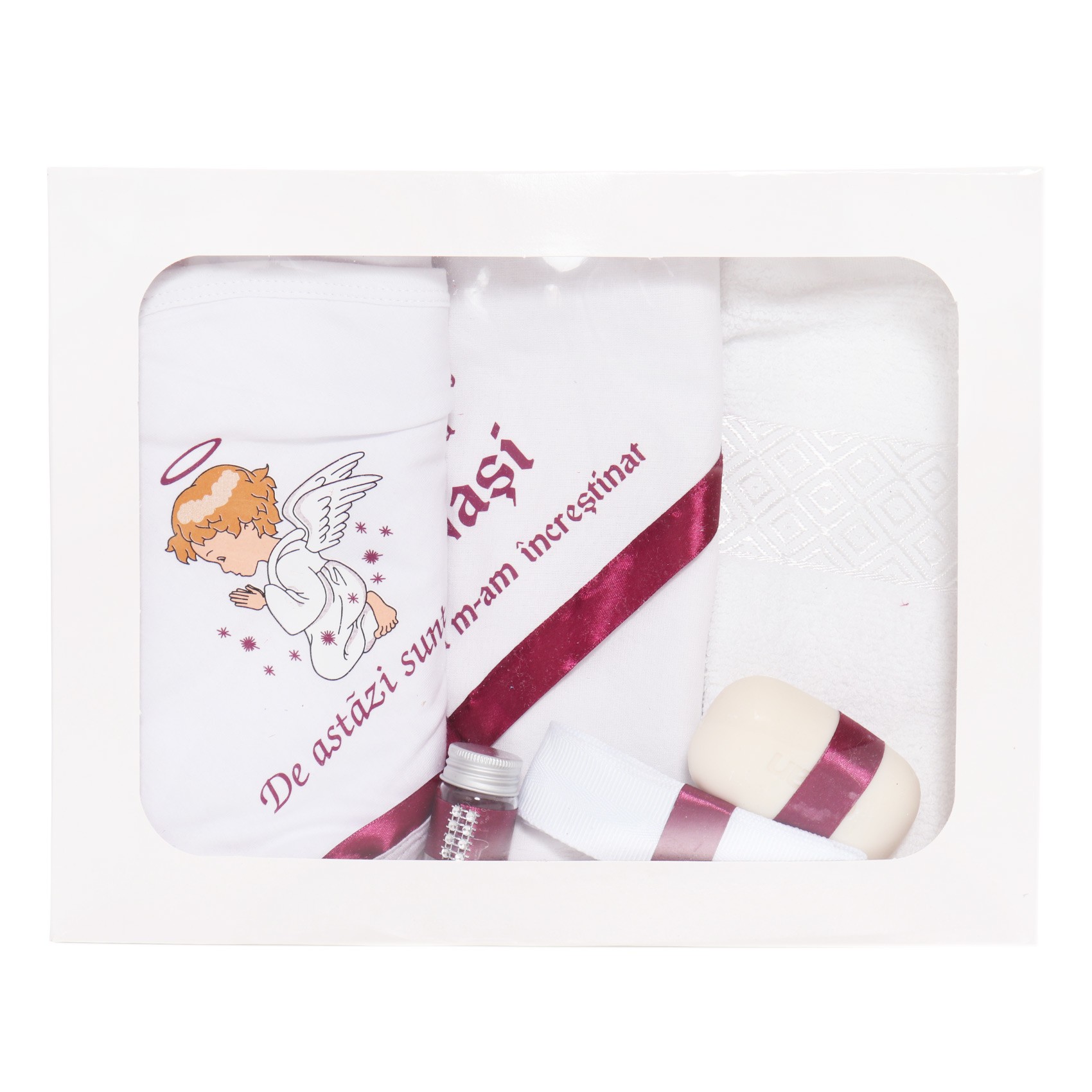 Trusou botez cu ingeras, alb-visiniu, mesaj „De azi sunt crestin” imprimat, 6 piese, Recostore, REC1730 - imagine 5