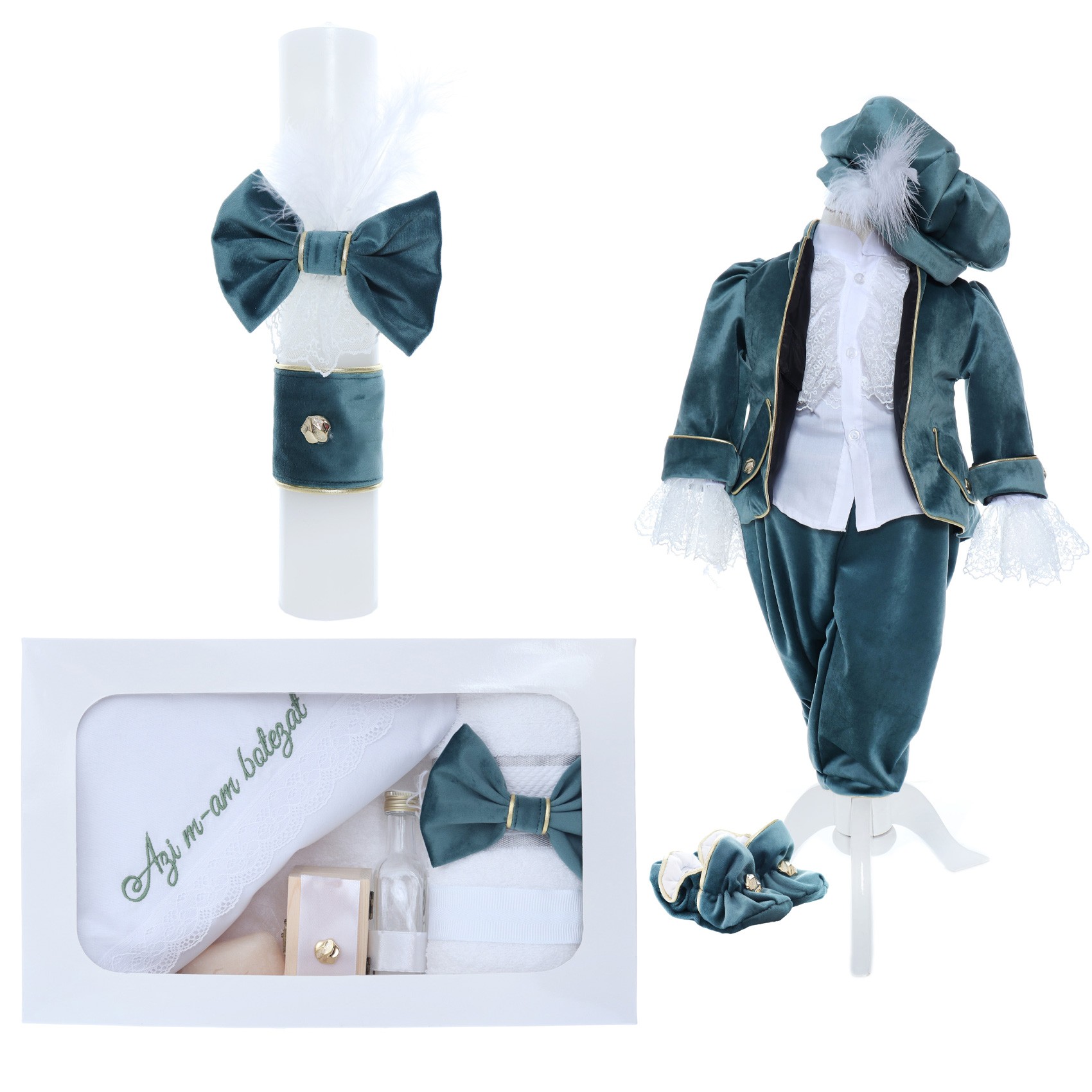 Trusou botez Verde Smarald, "Azi m-am crestinat", Costum de Print, lumanare, trusou, catifea, 13 piese, Recostore®, REC2295 - imagine 12