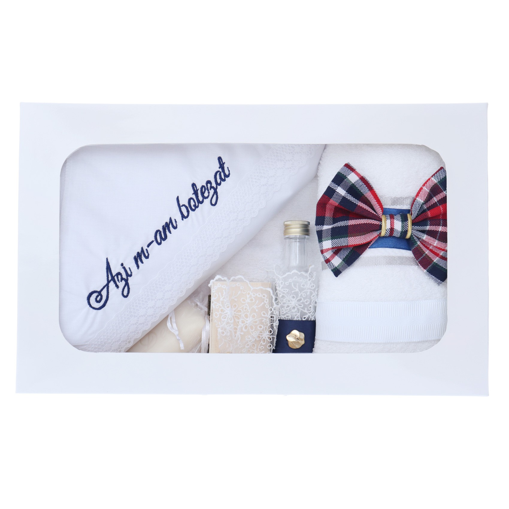 Trusou brodat cu "Azi m-am crestinat" pentru botez de baieti, 7 piese, carouri, Recostore®, REC2294 - imagine 4