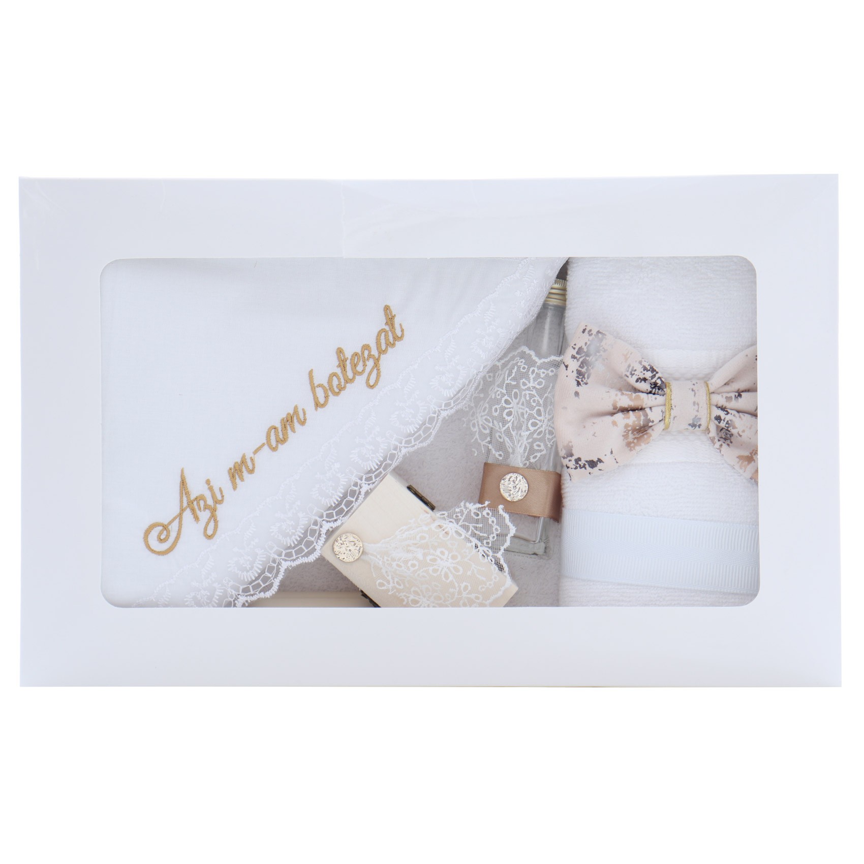 Trusou brodat cu "Azi m-am crestinat" pentru botez de baieti, 7 piese, crem, Recostore®, REC2439 - imagine 5