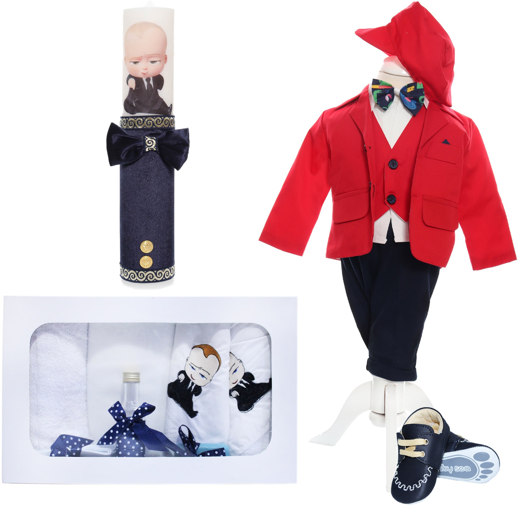 Trusou complet pentru botez baieti, costum rosu, trusou brodat "Bebe Boss", lumanare cu "Bebe Boss" si pantofiori, bleumarin-rosu, 14 piese, Recostore®, REC2132 - imagine 13