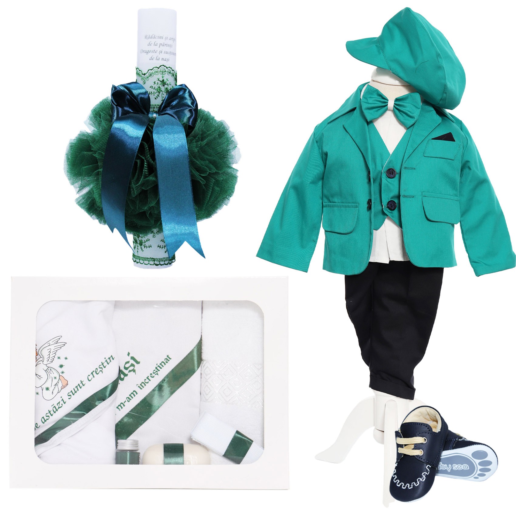 Trusou complet pentru botez baieti, costum verde menta, trusou imprimat cu ingeras, lumanare cu "Radacini si aripi de la parinti", pantofiori, verde, 13 piese, Recostore®, REC2136 - imagine 14