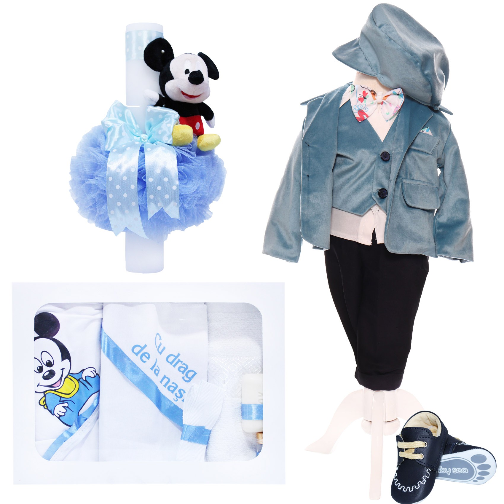 Trusou complet pentru botez baieti, sacou bleu din catifea, trusou cu Mickey Mouse, lumanare cu Mickey Mouse de plus si pantofiori, bleu, 13 piese, Recostore®, REC2121 - imagine 14