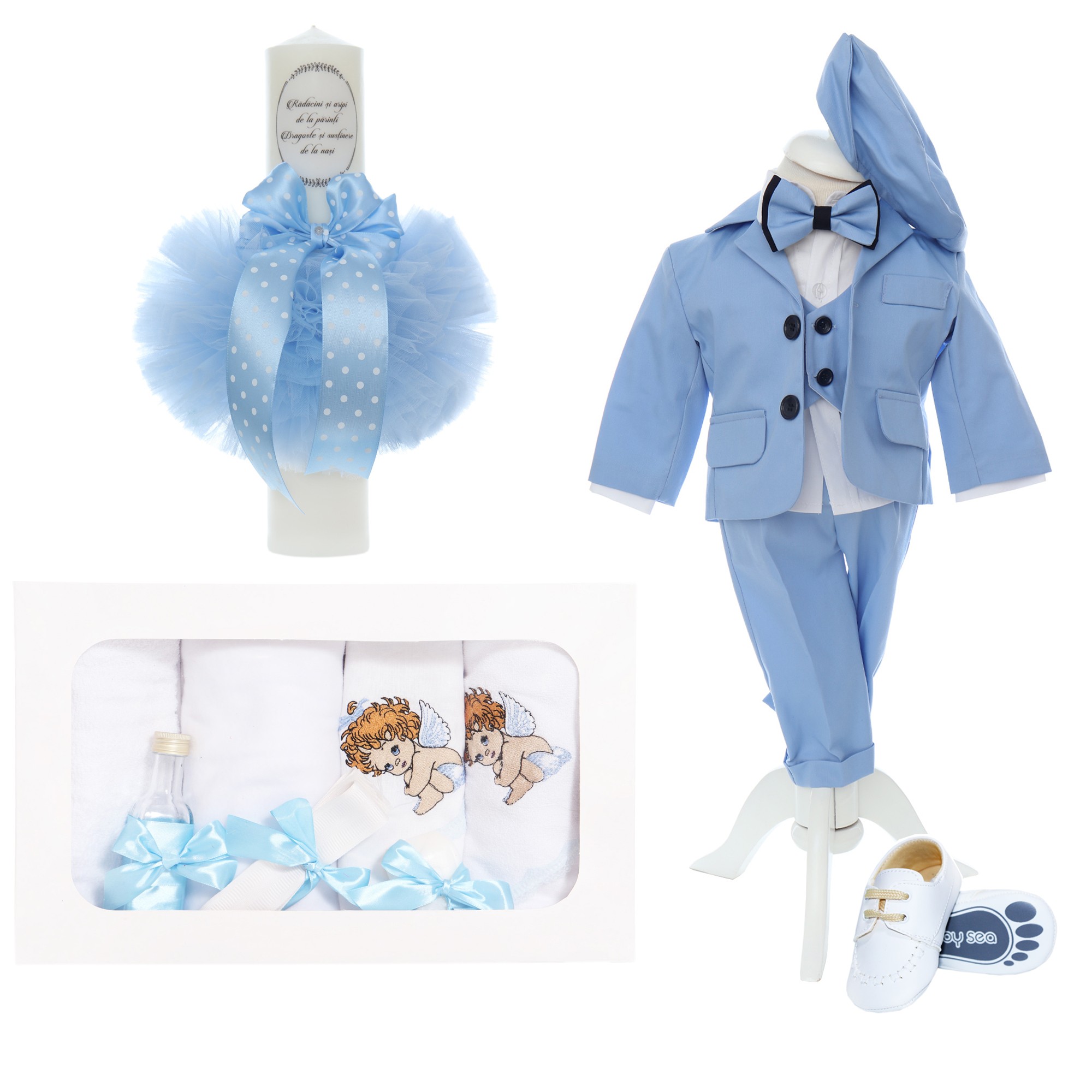 Trusou complet pentru botez de baieti, model brodat cu ingeras, trusou, lumanare "Radacini si Aripi de la parinti", costum si pantofiori, bleu, 14 piese, Recostore®, REC2640 - imagine 13