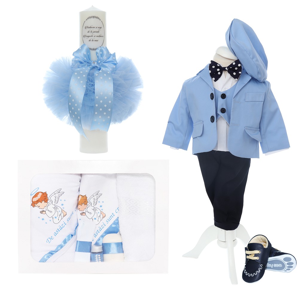 Trusou complet pentru botez de baieti, model cu ingeras, trusou imprimat, lumanare cu "Radacini si aripi de la parinti", costum si pantofiori, bleu, 13 piese, Recostore®, REC2646 - imagine 13