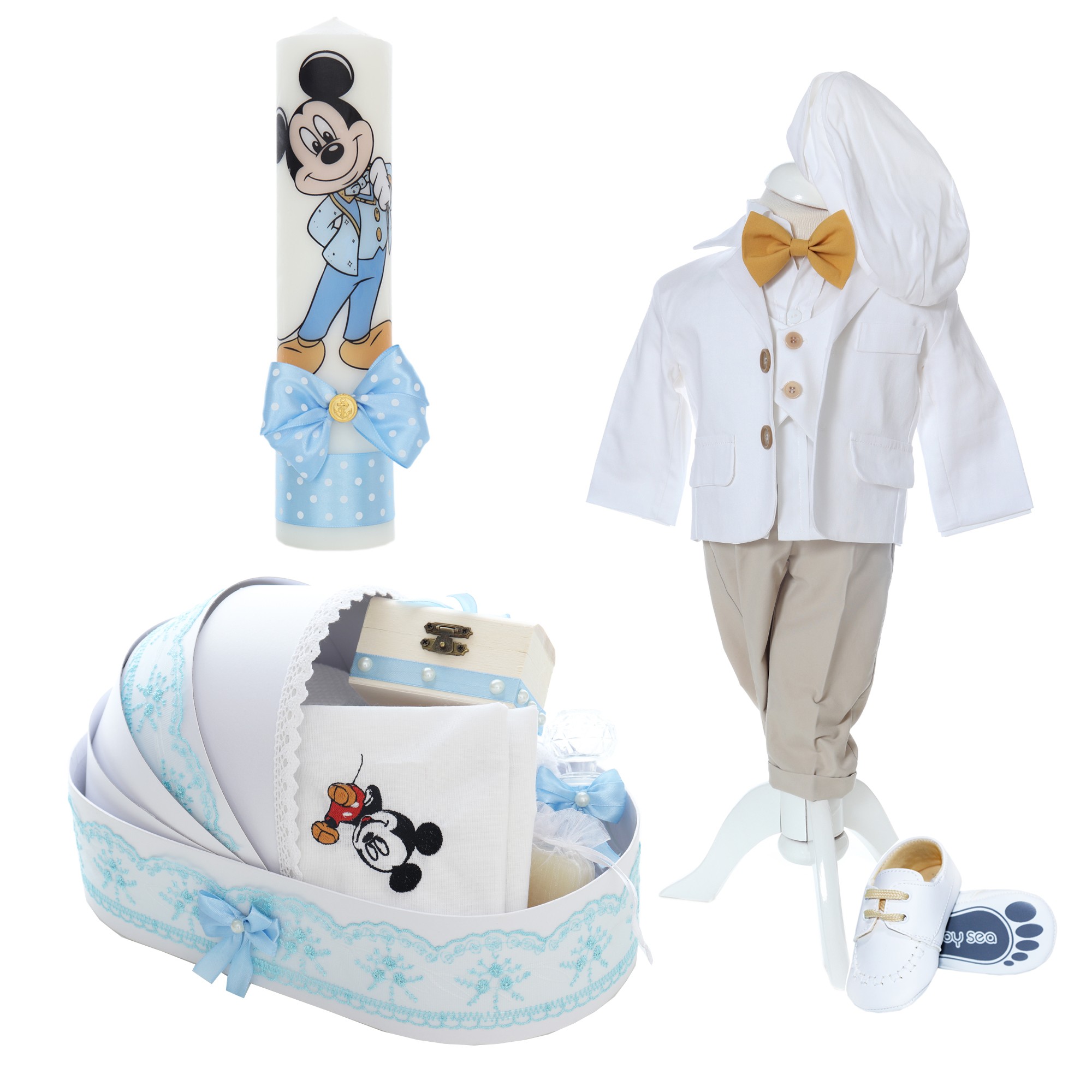 Trusou complet pentru botez de baieti, model cu Mickey Mouse, trusou brodat, lumanare, costum si pantofiori, bleu, 15 piese, Recostore®, REC2642 - imagine 14