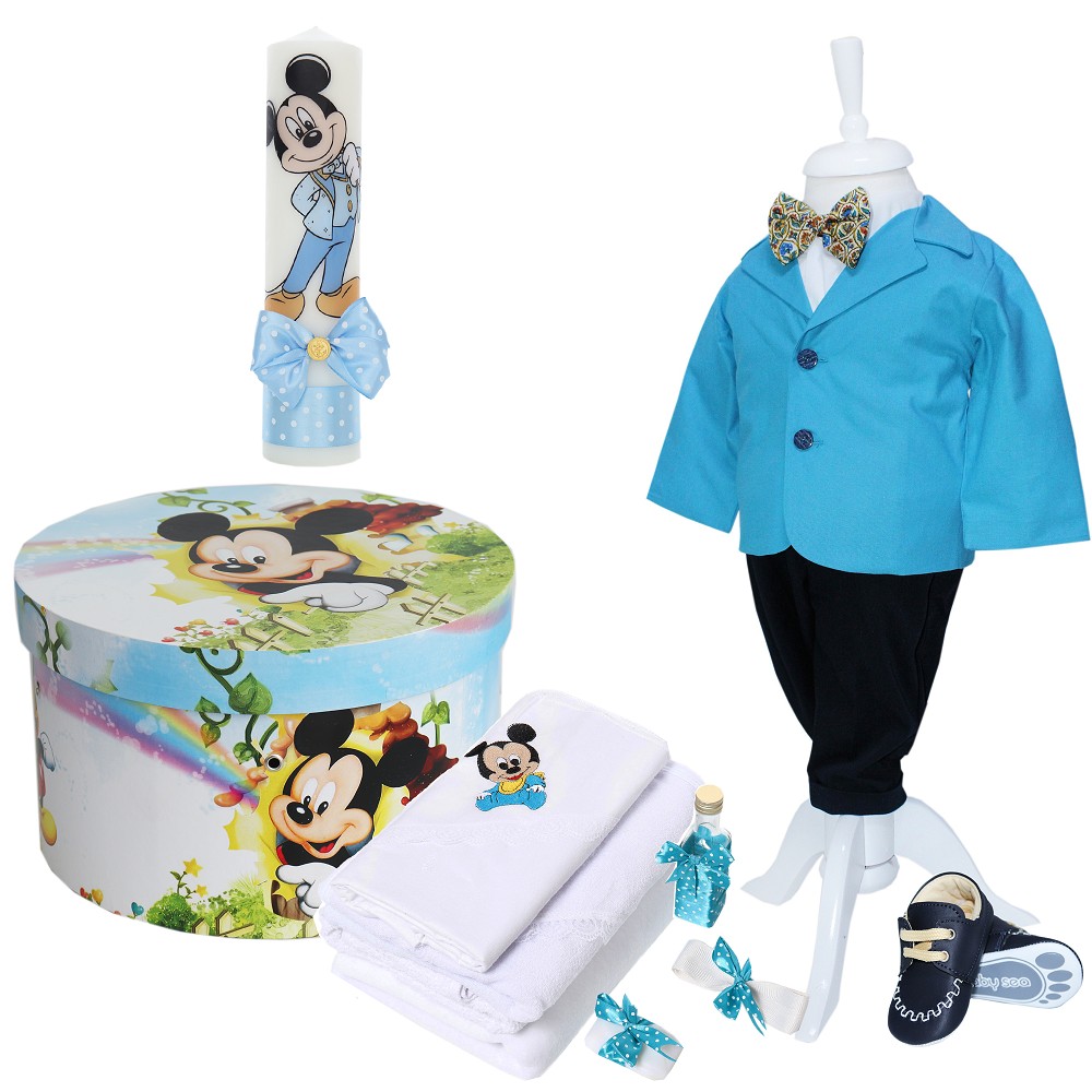Trusou complet pentru botez de baieti personalizat cu Mickey Mouse, lumanare cu Mickey, costum si pantofiori, Turcoaz, 15 piese, Recostore®, REC2752 - imagine 10