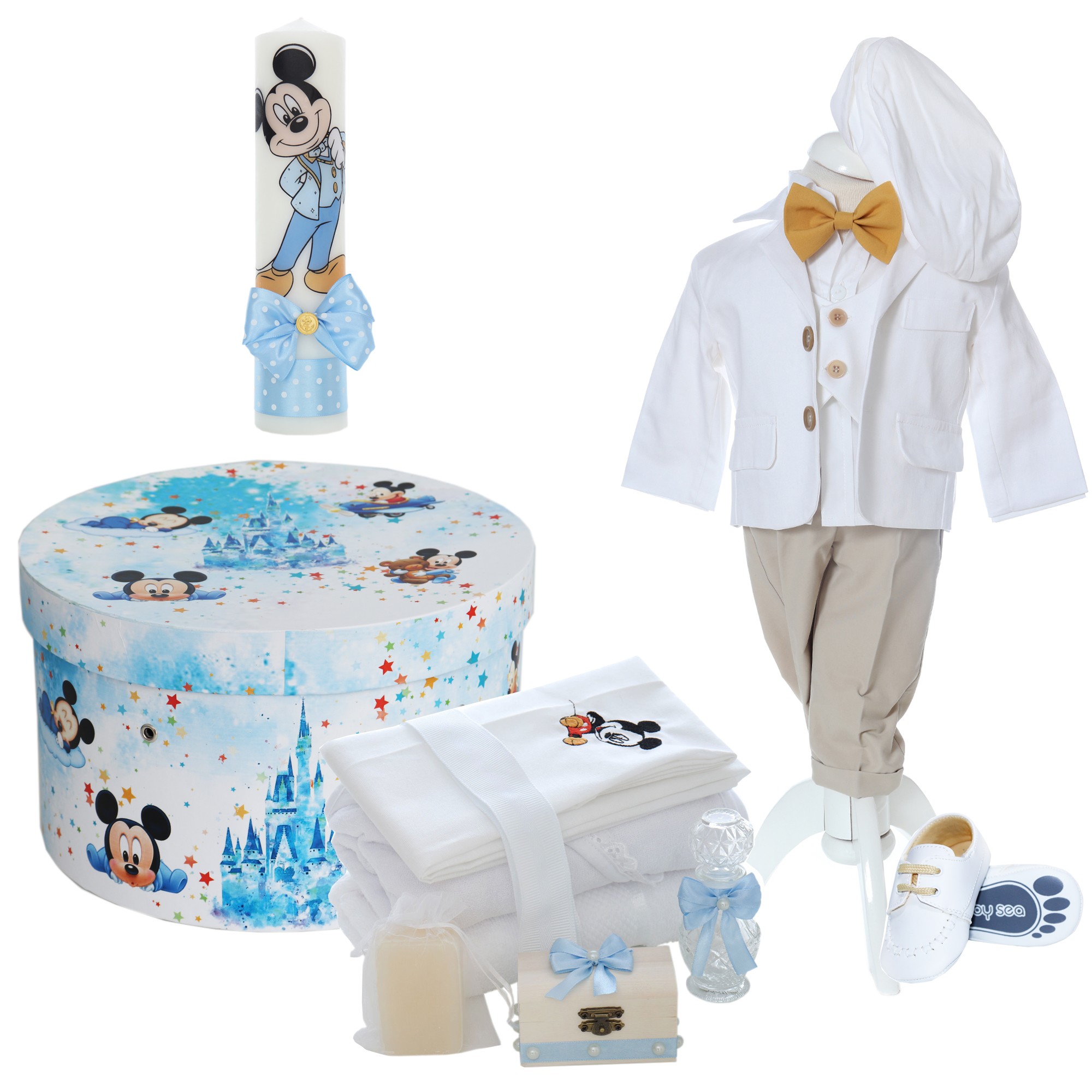 Trusou complet pentru botez de baieti personalizat cu Mickey Mouse, lumanare cu Mickey Mouse, costum alb-crem si pantofiori albi, 15 piese, Recostore®, REC2740 - imagine 12
