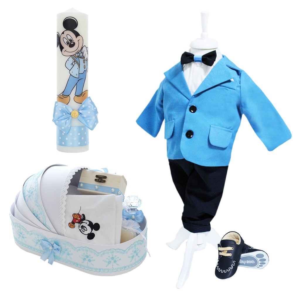 Trusou complet pentru botez de baieti personalizat cu Mickey Mouse, Trusou brodat, lumanare, costum si pantofiori, bleu-turcoaz, 15 piese, Recostore®, REC2670 - imagine 15
