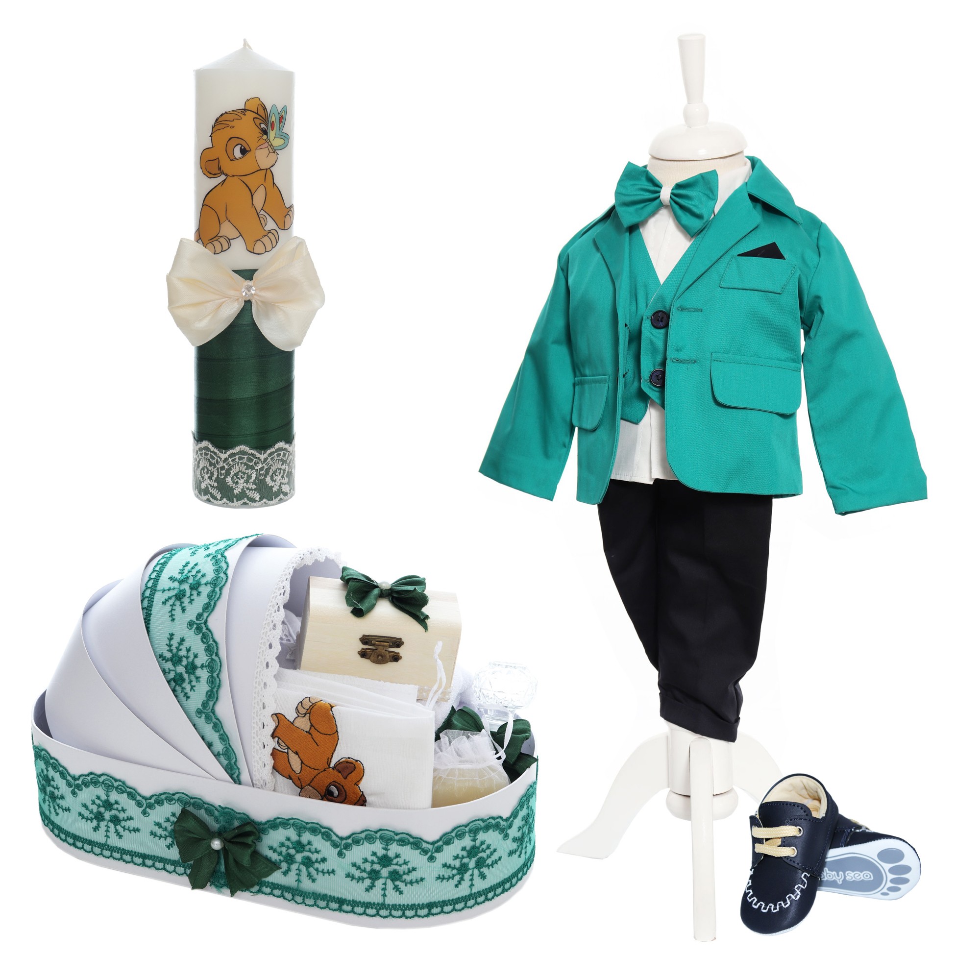 Trusou complet pentru botez de baieti personalizat cu Simba, Trusou brodat, lumanare, costum si pantofiori, verde, 15 piese, Recostore®, REC2668 - imagine 13
