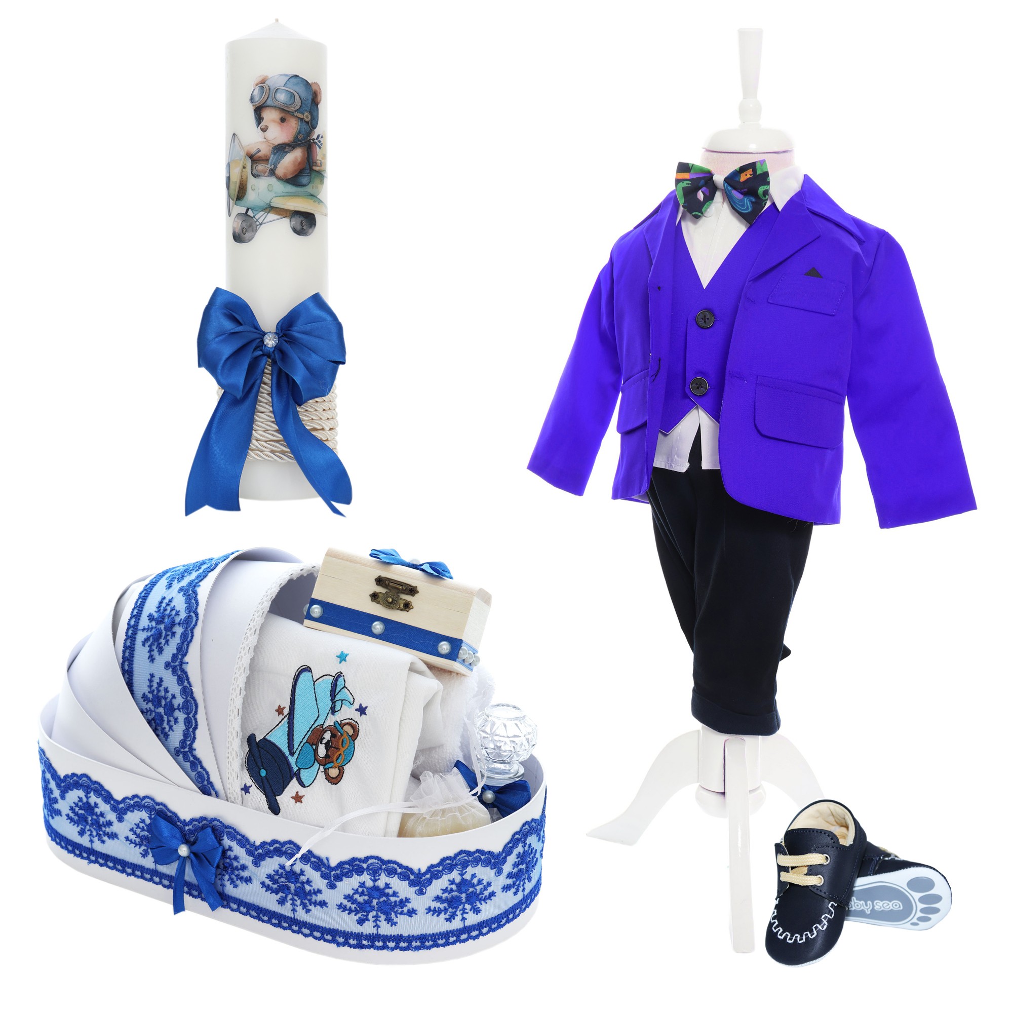 Trusou complet pentru botez de baieti personalizat cu Ursuletul aviator, trusou brodat, lumanare, costum si pantofiori, albastru electric, 15 piese, Recostore®, REC2673 - imagine 14