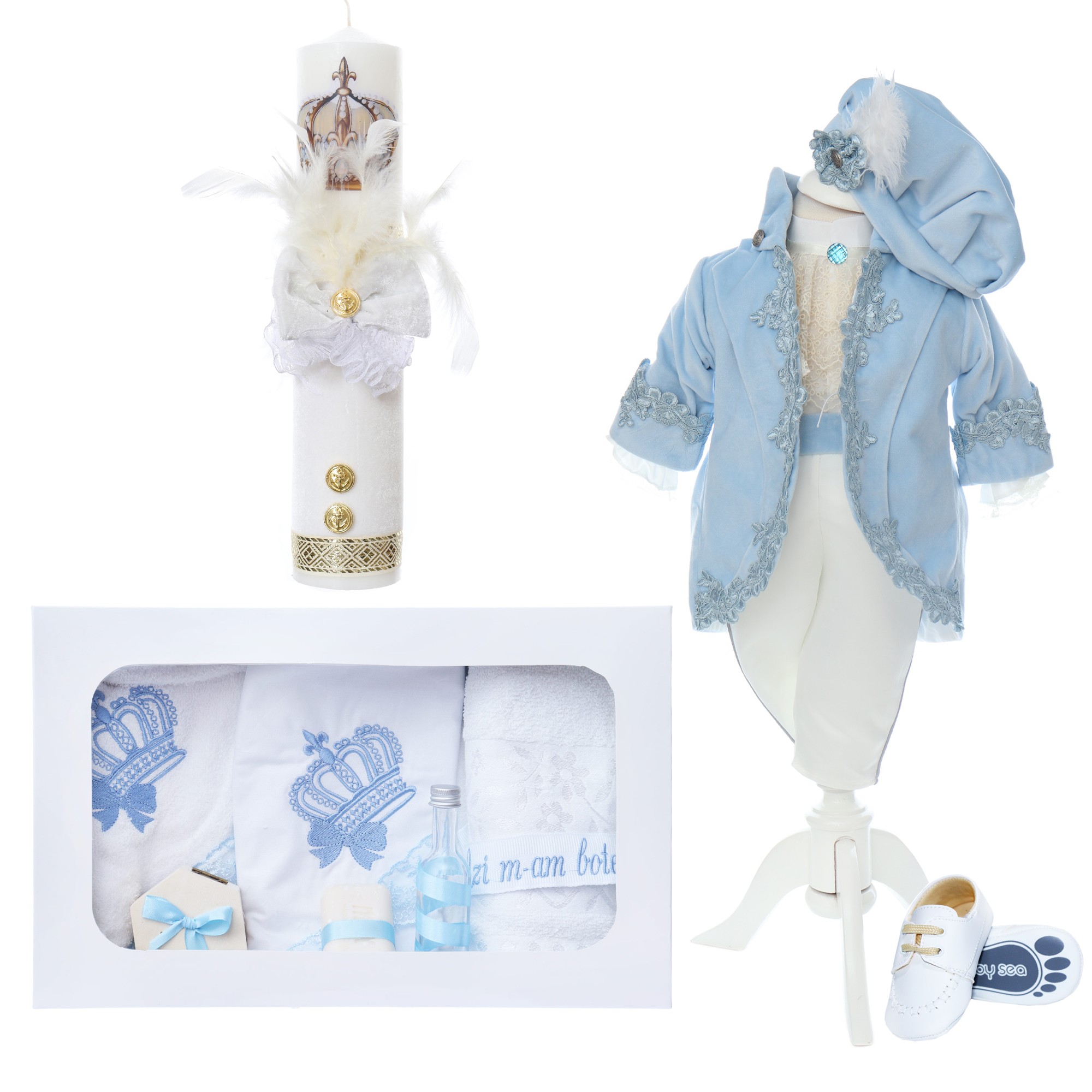 Trusou complet pentru botez de baieti, trusou brodat cu Coroana, lumanare cu Coroana, costum print si pantofiori, bleu, 14 piese, Recostore®, REC2661 - imagine 13