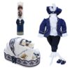 Trusou complet pentru botez de baieti, trusou brodat cu Coroana, lumanare cu print, costum print si pantofiori, bleumarin, 15 piese, Recostore®, REC2662 - imagine 13