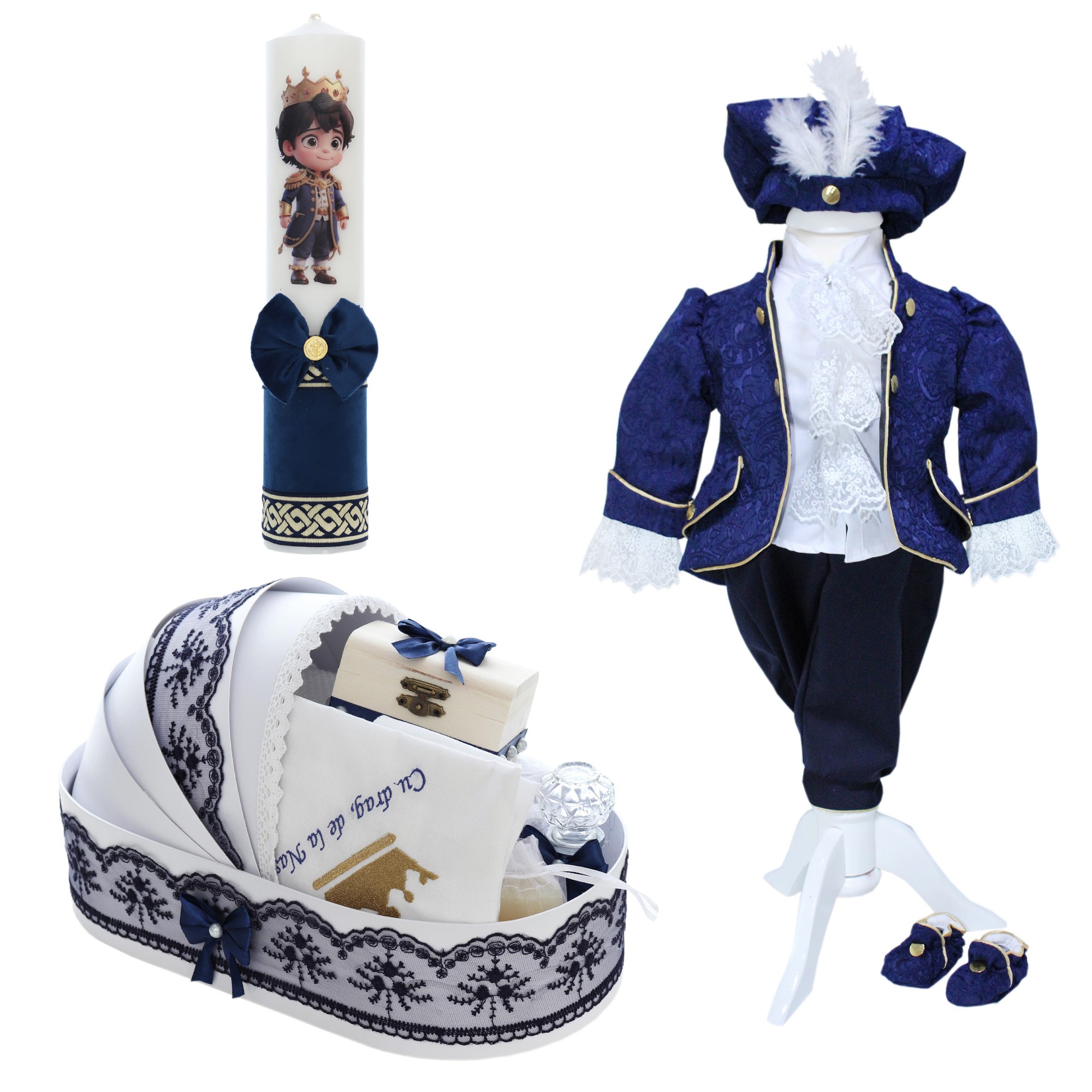 Trusou complet pentru botez de baieti, trusou brodat cu Coroana, lumanare cu print, costum print si pantofiori, bleumarin, 15 piese, Recostore®, REC2662 - imagine 13
