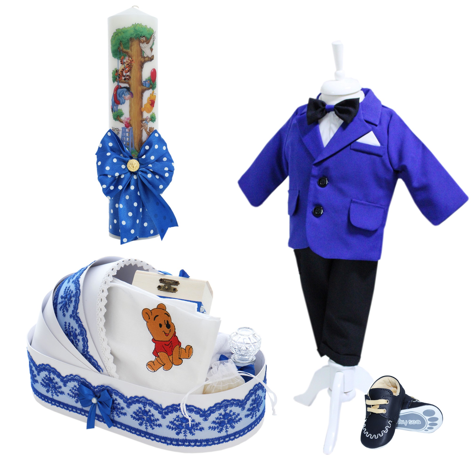 Trusou complet pentru botez de baieti, trusou brodat cu Winnie The Pooh, lumanare cu Winnie The Pooh, costum si pantofiori, albastru electric, 15 piese, Recostore®, REC2659 - imagine 15