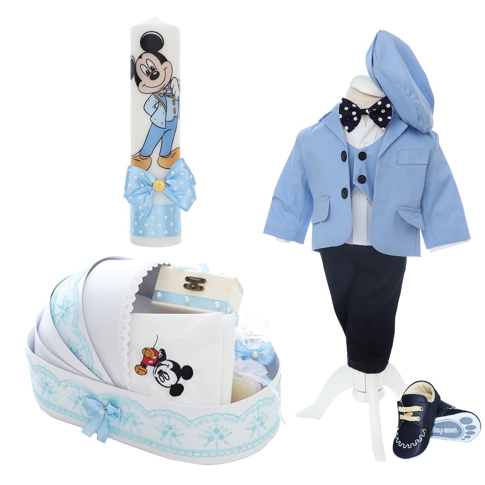 Trusou complet pentru botez de baieti, trusou brodat Mickey Mouse, lumanare cu Mickey Mouse, costum si pantofiori, bleu, 15 piese, Recostore®, REC2654 - imagine 14