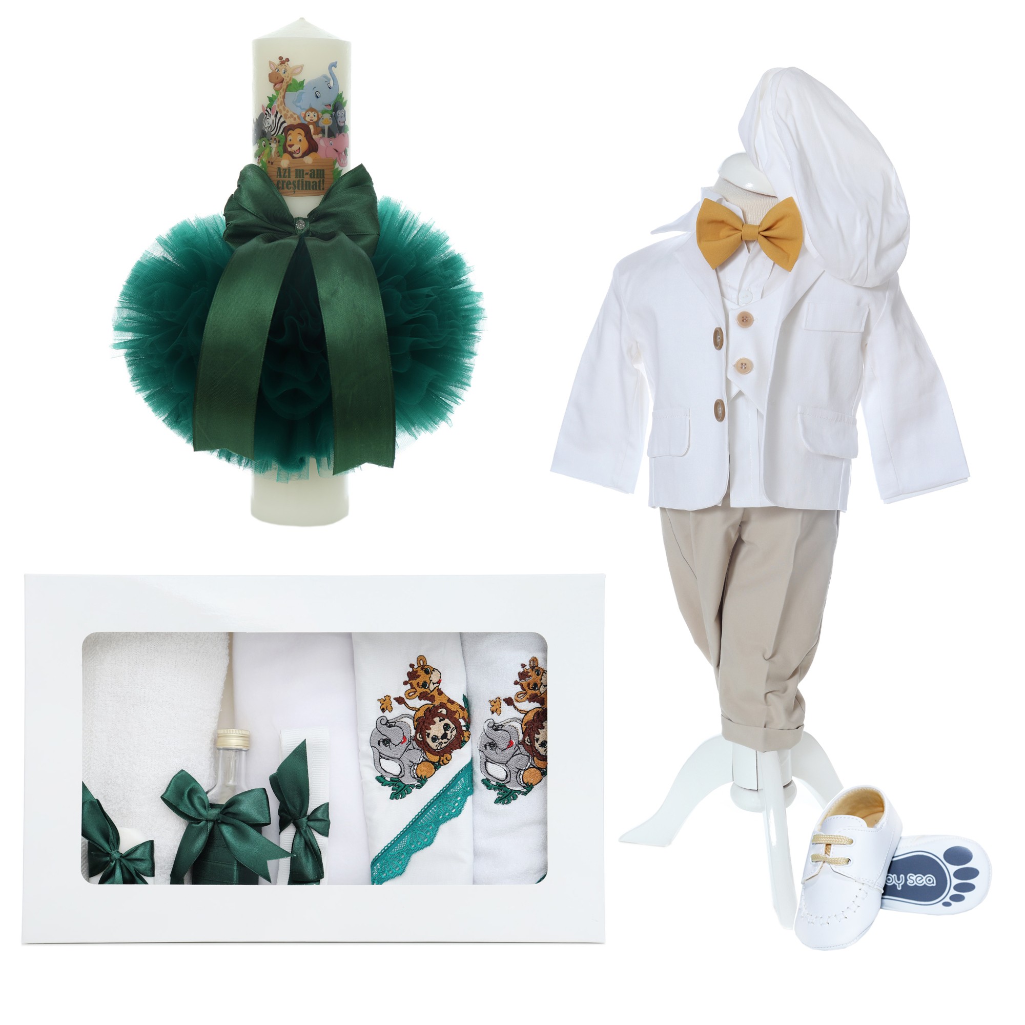 Trusou complet pentru botez de baieti, trusou brodat safari, lumanare cu Safari, costum si pantofiori, verde-crem, 14 piese, Recostore®, REC2657 - imagine 13