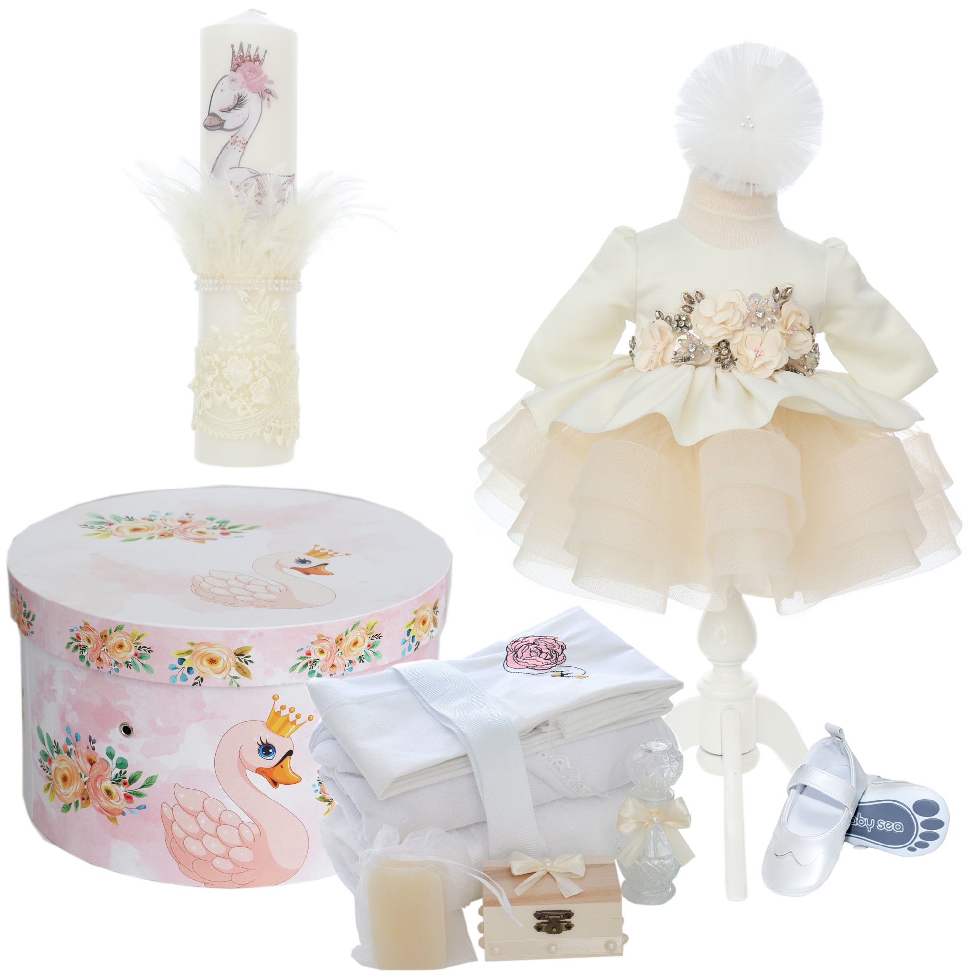 Trusou complet pentru botez de fete personalizat cu lebada, trusou brodat, lumanare, rochita cu bentita si pantofiori, ivoire, 12 piese, Recostore®, REC2702 - imagine 12