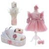 Trusou complet pentru botez de fete personalizat cu Lebada, trusou brodat, lumanare, rochita si pantofiori, roz pudrat, 12 piese, Recostore®, REC2678 - imagine 14