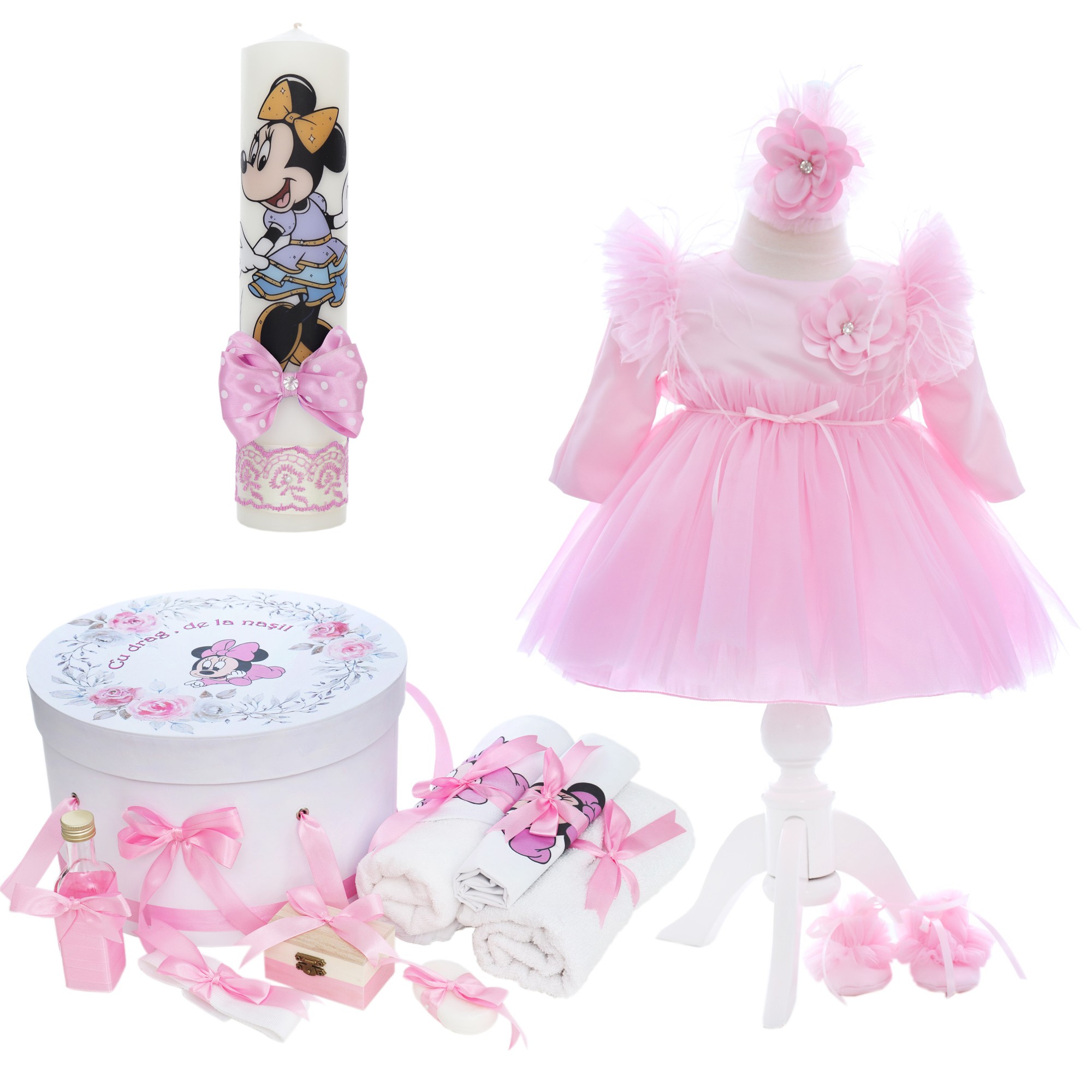 Trusou complet pentru botez de fete personalizat cu Minnie, trusou, lumanare, rochita si pantofiori, roz, 12 piese, Recostore®, REC2690 - imagine 10