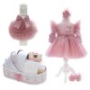 Trusou complet pentru botez de fete, trusou, lumanare, rochita cu bentita si pantofiori, roz pudrat, 12 piese, Recostore®, REC2683 - imagine 12