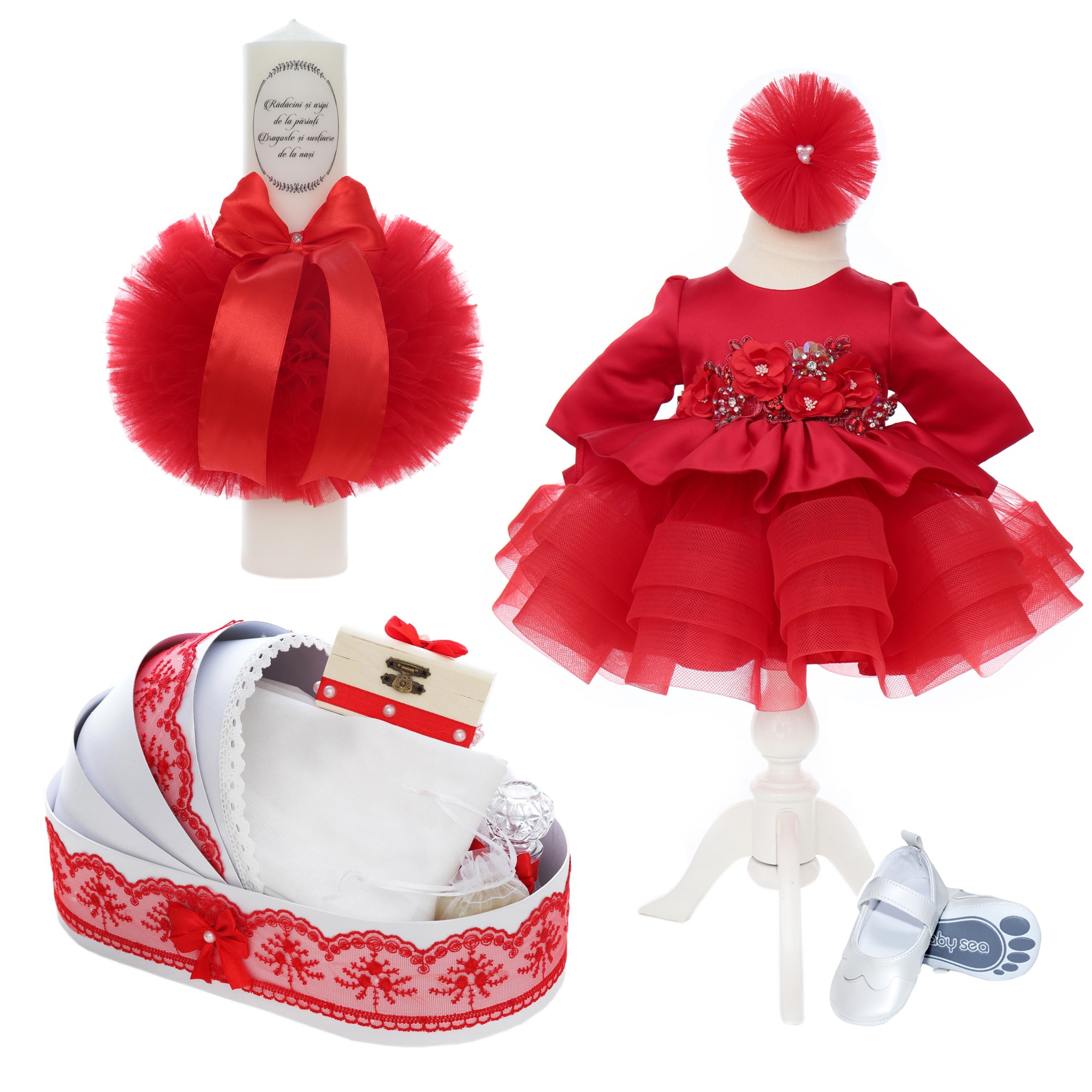 Trusou complet pentru botez de fete, trusou simplu, lumanare, rochita cu bentita si pantofiori, rosu, 12 piese, Recostore®, REC2691 - imagine 12
